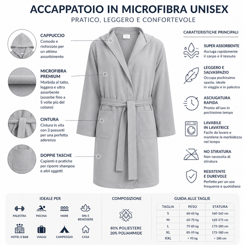 accappatoio in microfibra assorbente con cappuccio, asciugatura rapida, unisex