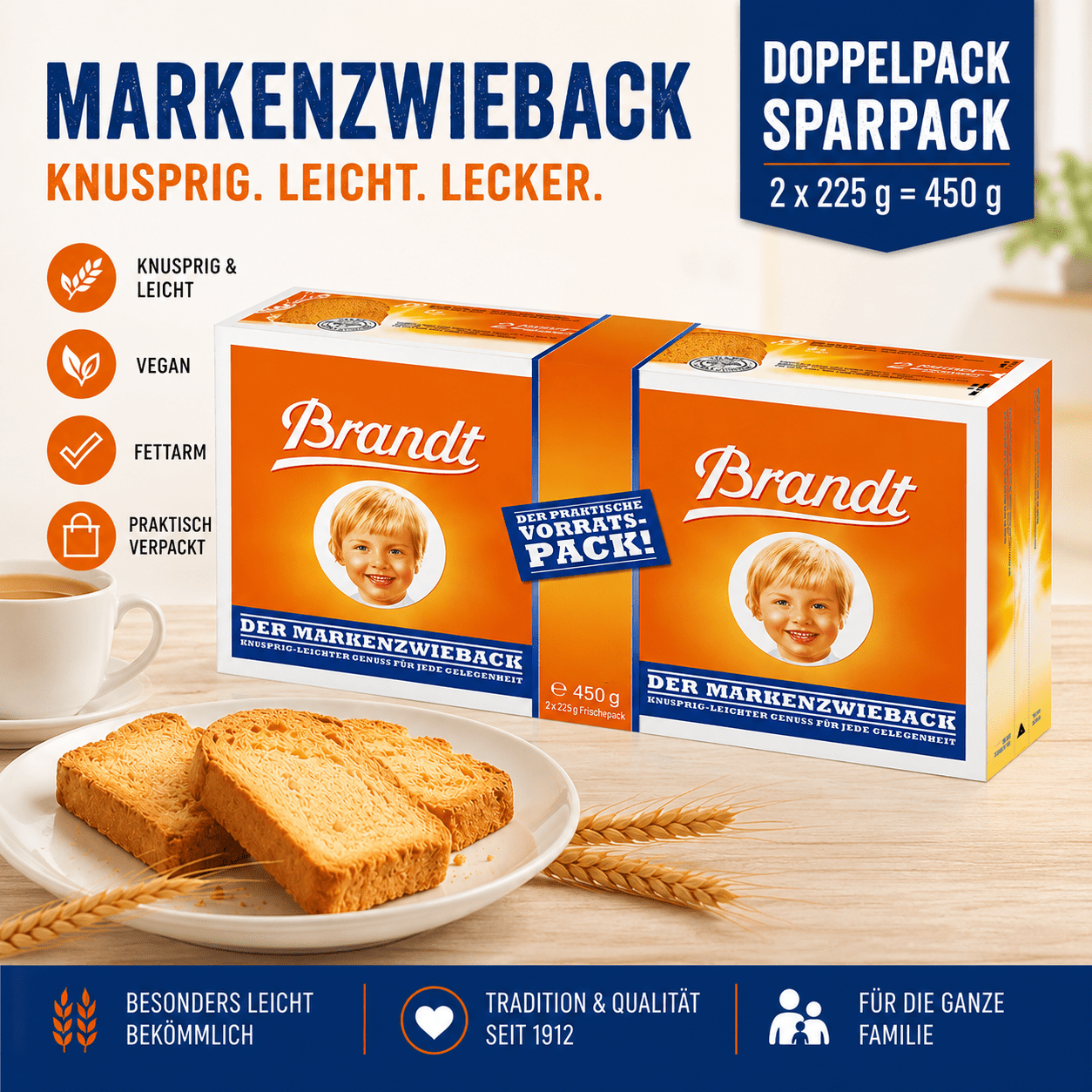 Brandt Brand Rusk Double Pack 450 G (2 X 225 G) – Crispy Rusk Classic – Bulk Pack – Ideal For Breakfast, Baking & As A Snack