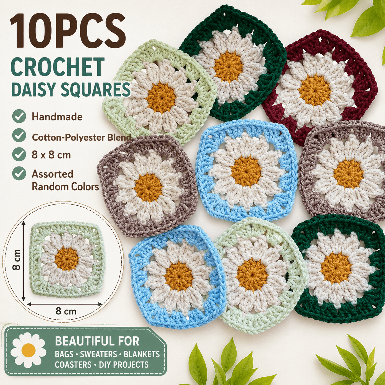 Image of 10pcs Handmade Crochet Daisy Granny Squares 8x8cm – Assorted Random Colors, Blend Floral Crochet Appliques For Bags, Sweaters, Blankets, Diy Crafts