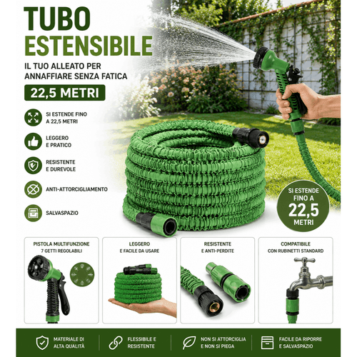 immagine dell'articolo tubo estensibile 22,5 con pistola multigetto – , anti attorcigliamento e salvaspazio per giardino e
