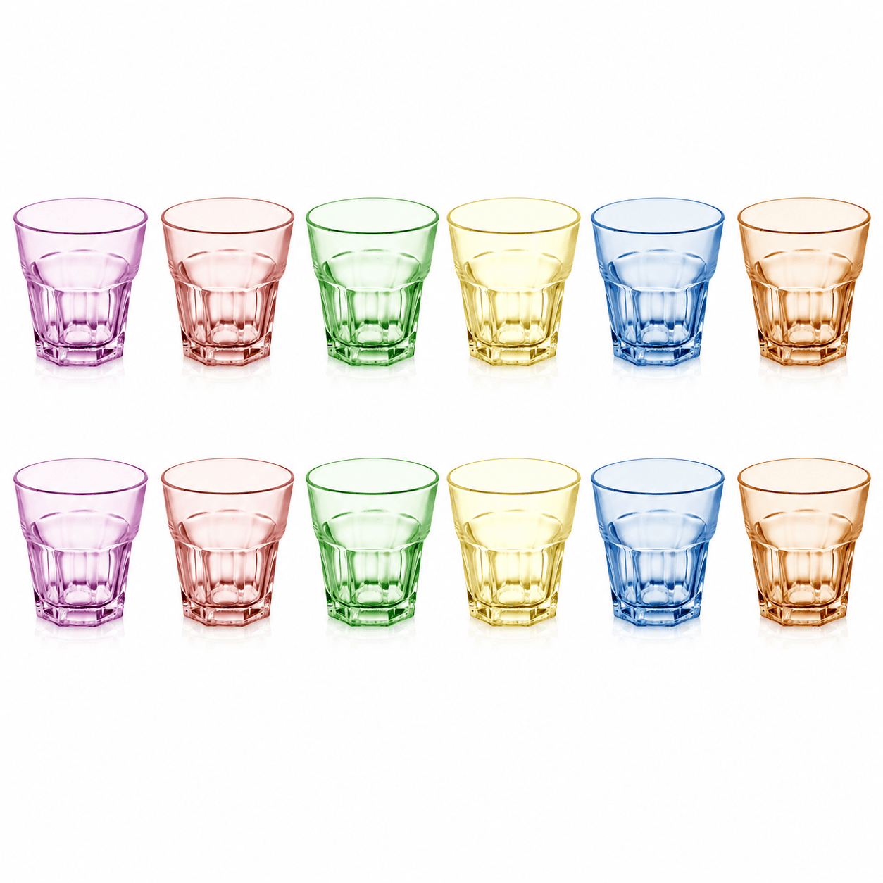 Set de 12 Vasos de Vidrio 300ml, 6 Colores Surtidos para Agua y Bebidas: retailer-supplied image