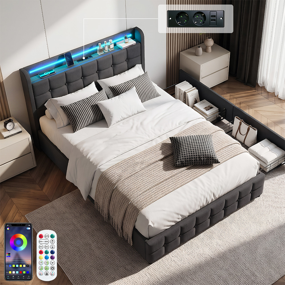 TEMU Gebloemd Bed 140X200Cm Dubbel Bed met LED Verlichting en USB Oplaadfunctie, Boxspring Bed met 2 Lades, Opbergbedframe met Hoofdbord en