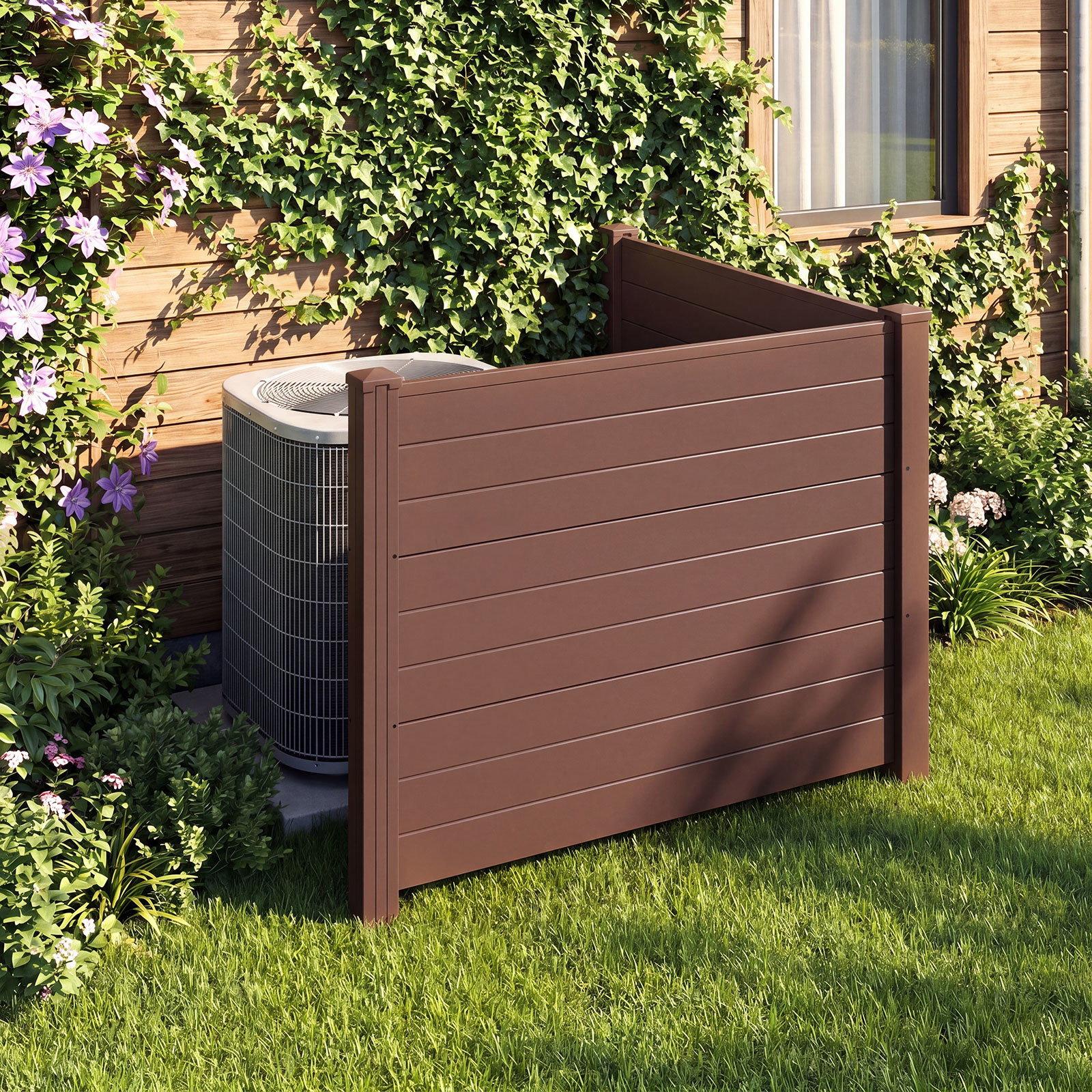 Image of 122 X 95 Cm Air Conditioner Fence 2 Panels, Outdoor Privacy Fence With Metal Ground Stakes, No Dig Trash Can & Pool Equipment Enclosure, Decorative Fence Panel Kit For Patio, Backyard, Garden, Brown