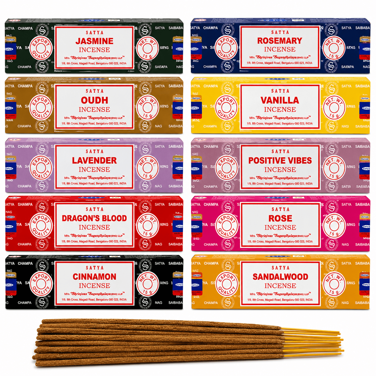 Image of Incense Sticks Set 10x15g - 10 Fragrance Varieties - Sandalwood, Rose, Jasmine, Vanilla, Lavender, Rosemary, Cinnamon, , &