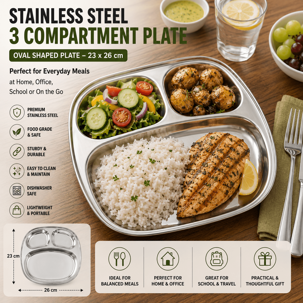 TEMU Stainless Steel Divided Plate 23 X 26cm – 3 Section Dinner Plate, Food Grade Metal Meal Tray, Dishwasher Safe For Adults & Kids