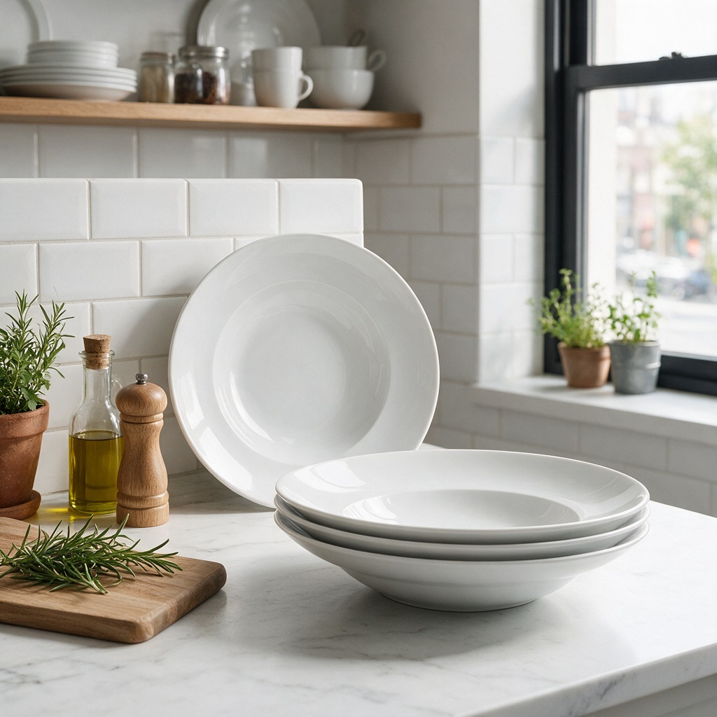 TEMU ** Special Summer Offer - Pasta Bowls ** Waterside 4pcs White Large 27.3cm X 5.8cm Porcelain Pasta Bowls - Dishwasher And Microwave Safe - 4pcss