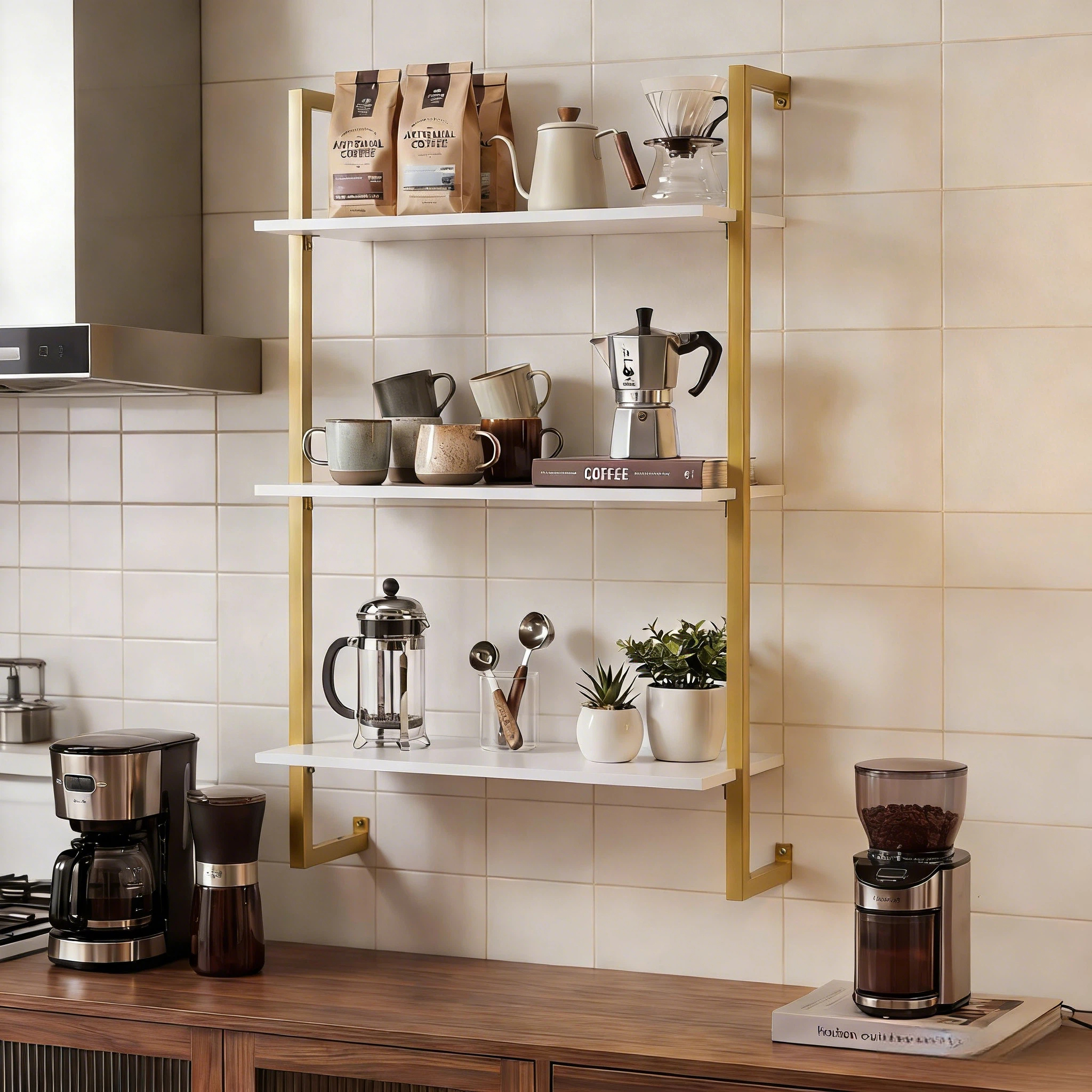 Image of 3-tier Floating Shelf For Wall, Modern Kitchen Shelf, Wall Mounted Coffee Bar Shelving, Hanging Display Storage Rack For Living Room, Home Office And Bathroom, Gold And White