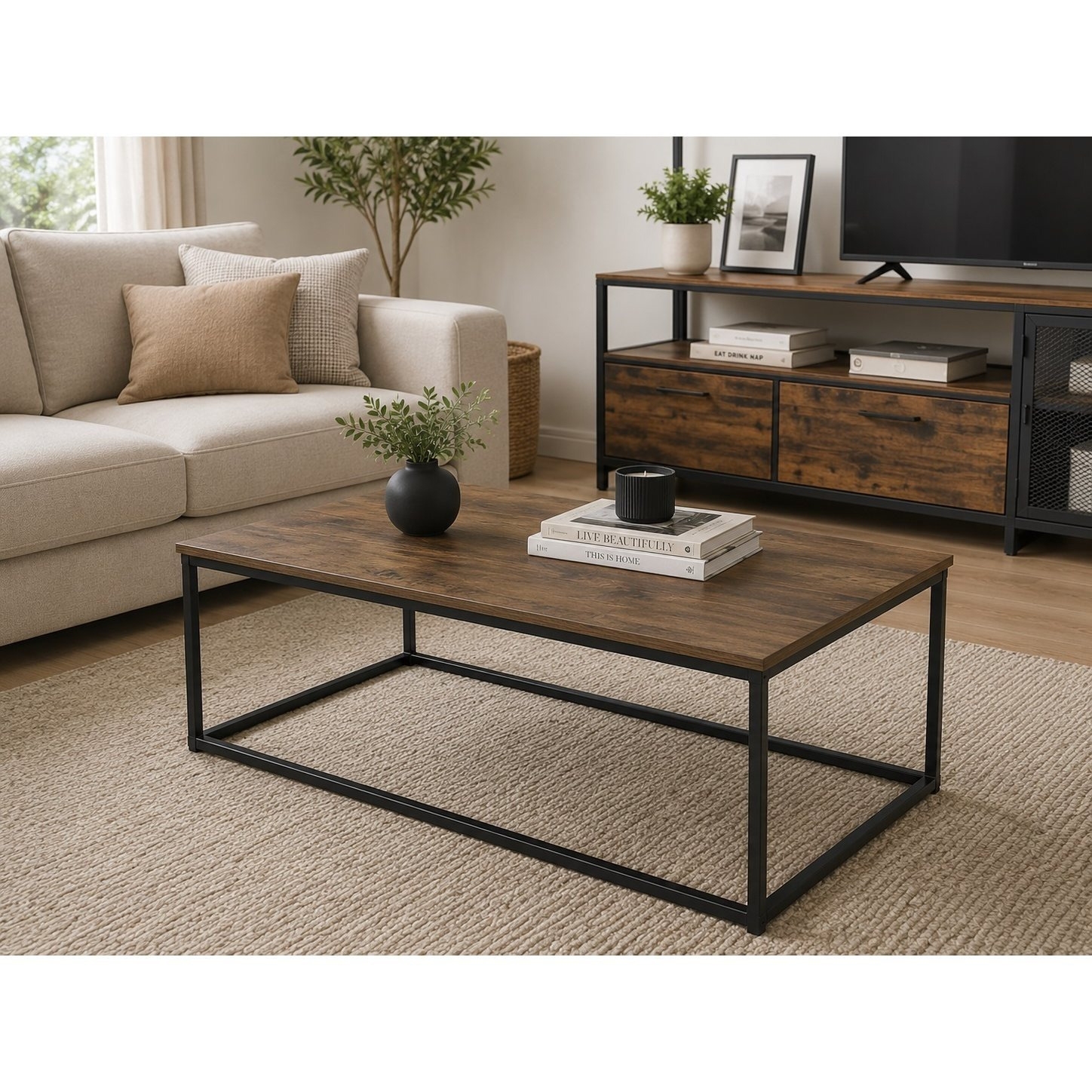 Image of Industrial Coffee Table 90x48x40 Cm With Black Metal Frame And Wood-effect Mdf Top For Living Room