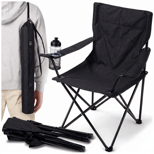 fishing chair folding camping chair xxl folding camping chair with cup and bottle holder lightweight garden and beach chair with adjustable armrests for up to 100 kg reinforced fishing hammock with x mode metal frame and non slip feet black portable camping stool with waterproof fabric and double stitching complete outdoor set in a shoulder strap bag dimensions 80x50 cm weight 1 8 kg