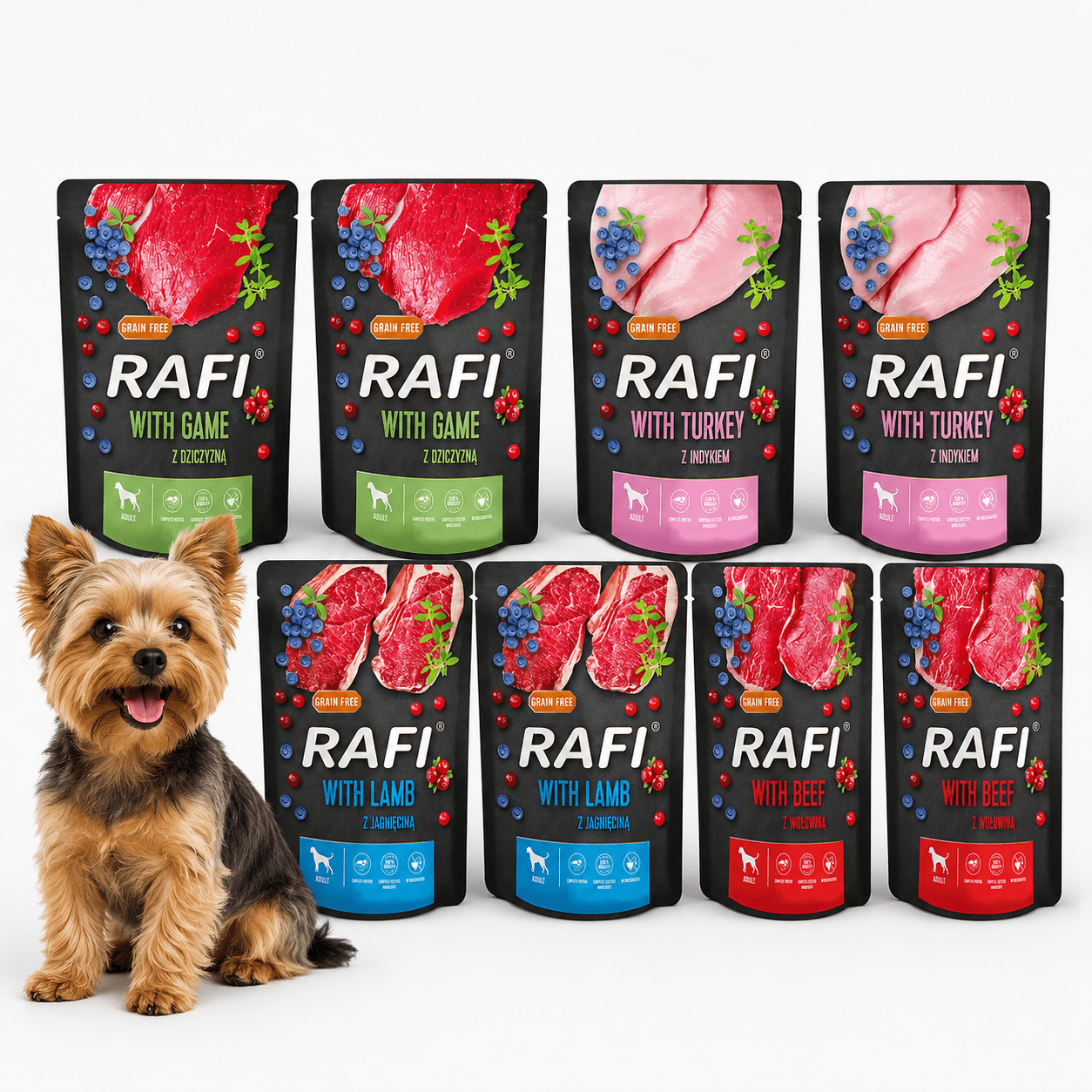 Image of Rafi Food 8 × 300 G In Pouches – Mix Of 4 Flavors, Pouches: Lamb, Beef, Turkey, Game Meat