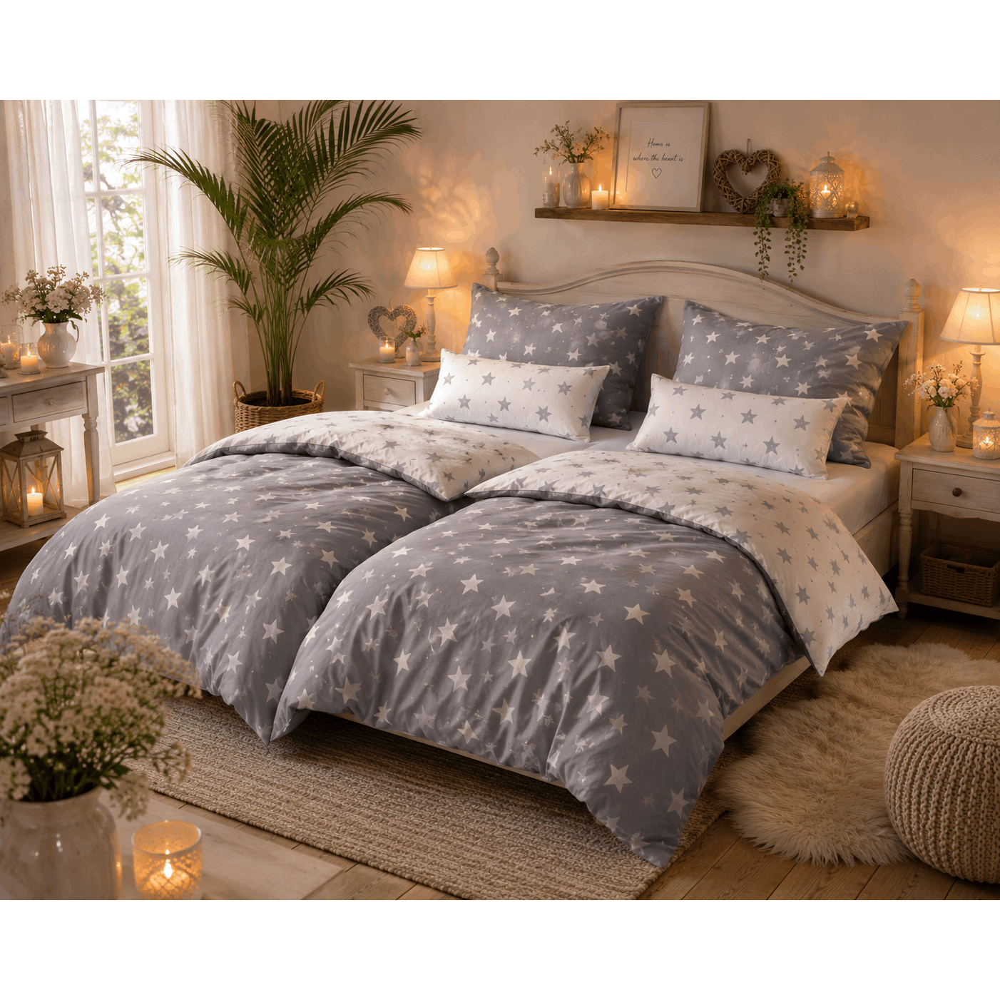Bedding Set 135x200 Cm Stars Grey White – 2-piece Reversible Bedding With 40x80 Cm Pillowcase And Button Closure