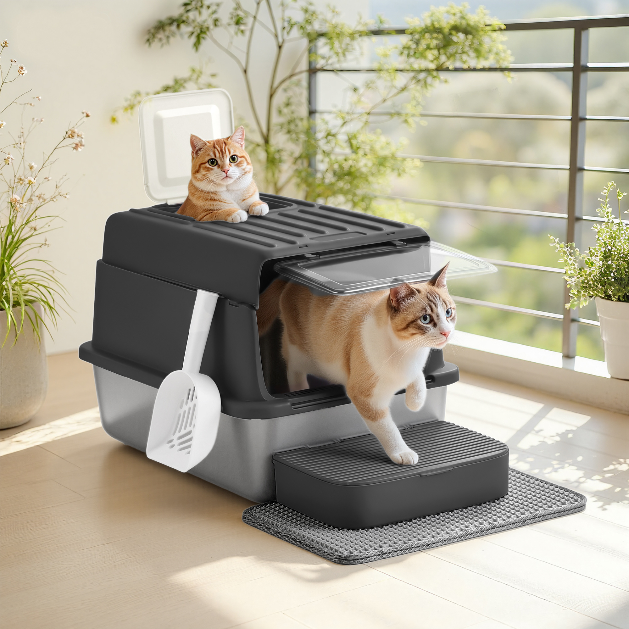 Image of Cat Litter Box With Pp Plastic, Stainless Steel, Lid, Scoop, Litter Mat, And 2 Entrances, 60 X 40 X 38 Cm