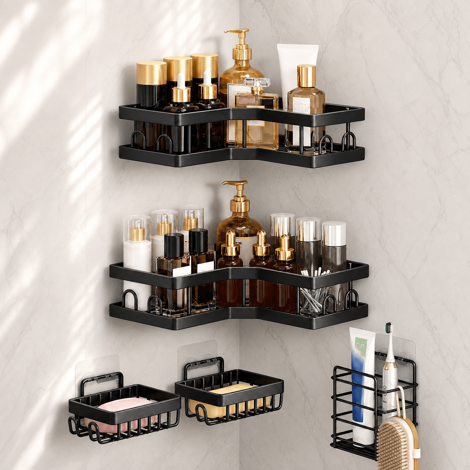 No-drill Shower Shelf, Shower Rack, Carbon Steel Bathroom Shelf, 5-piece Shampoo Holder For Shower, Shower Basket, Mounting Bracket