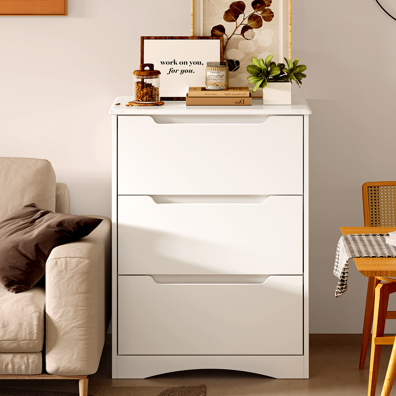 Image of Dresser With 3 Large Drawers 62 X 41 X 82 Cm | With Handle Strips & Tilt Lock | For Bedroom, Living Room & Hallway Coree