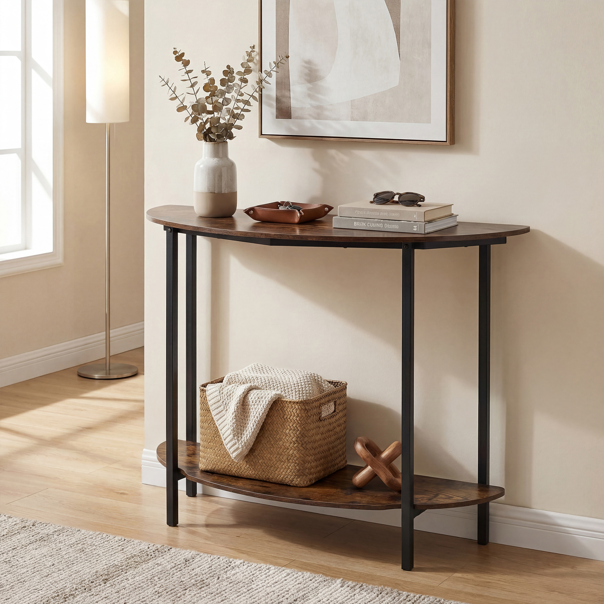 Image of Half-moon Console Table, 2-tier Industrial Sofa Couch Table With Open Storage Shelf, Narrow Entryway Table With Heavy-duty Metal Frame & Anti-tip Kits For Living Room, Hallway, Rustic Brown