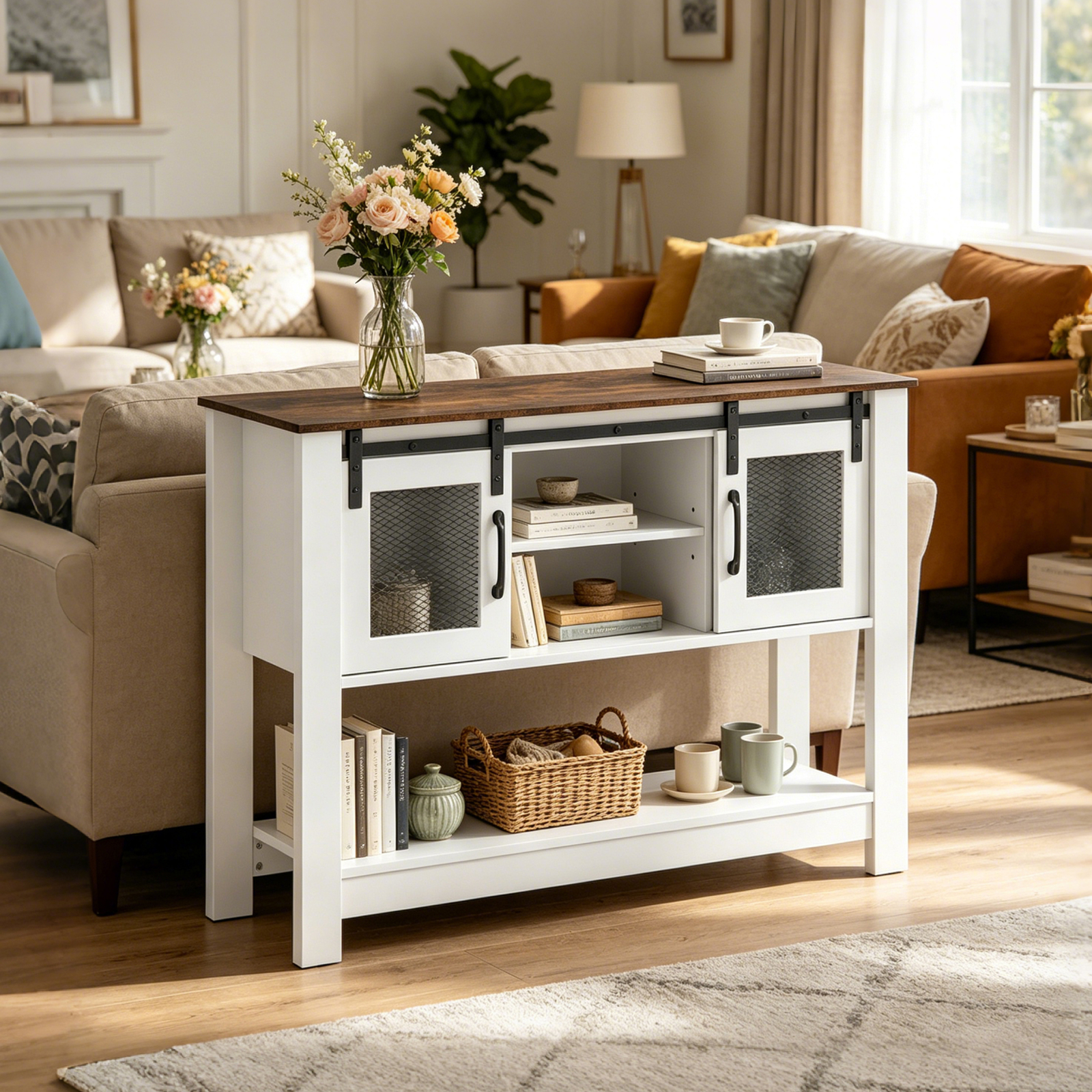 Image of Entryway Table With Barn Sliding Doors, 102cm Small Farmhouse Console Table With Adjustable Shelf, 2 Storage Cabinets And 2 Open Compartments, Modern Foyer Table For Entrance, Bedroom And Living Room
