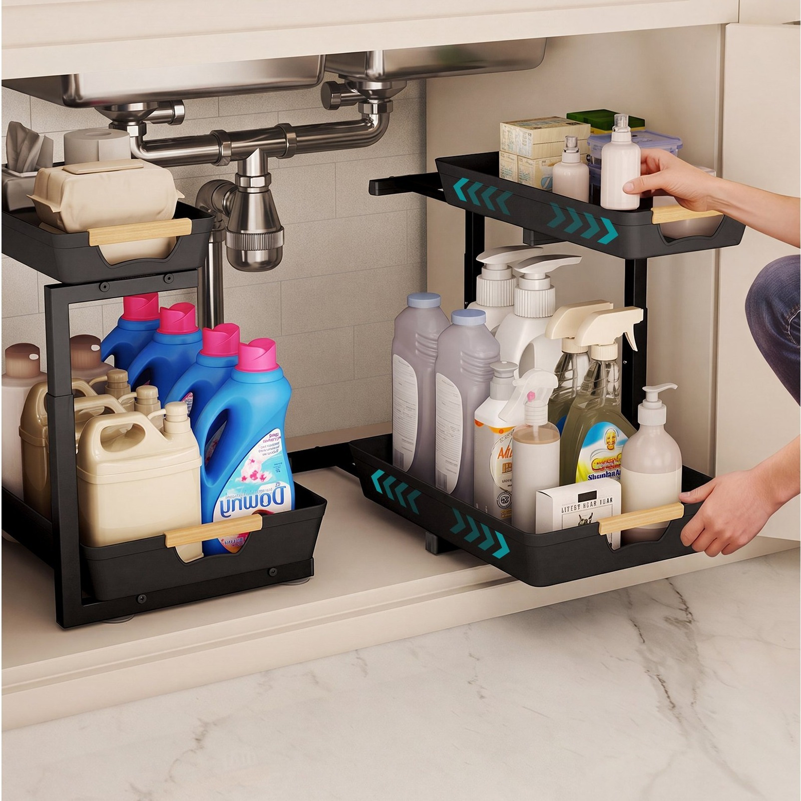 L-shaped Pull-out Height-adjustable Under Cabinet Shelf, 40 X X 41.5 Cm, Black