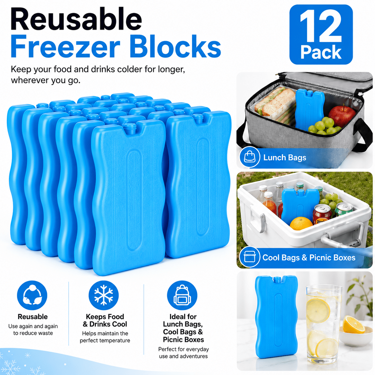 TEMU 12 Pack Reusable Freezer Ice Packs – Lightweight, Durable Blocks For Keeping Food & Drinks