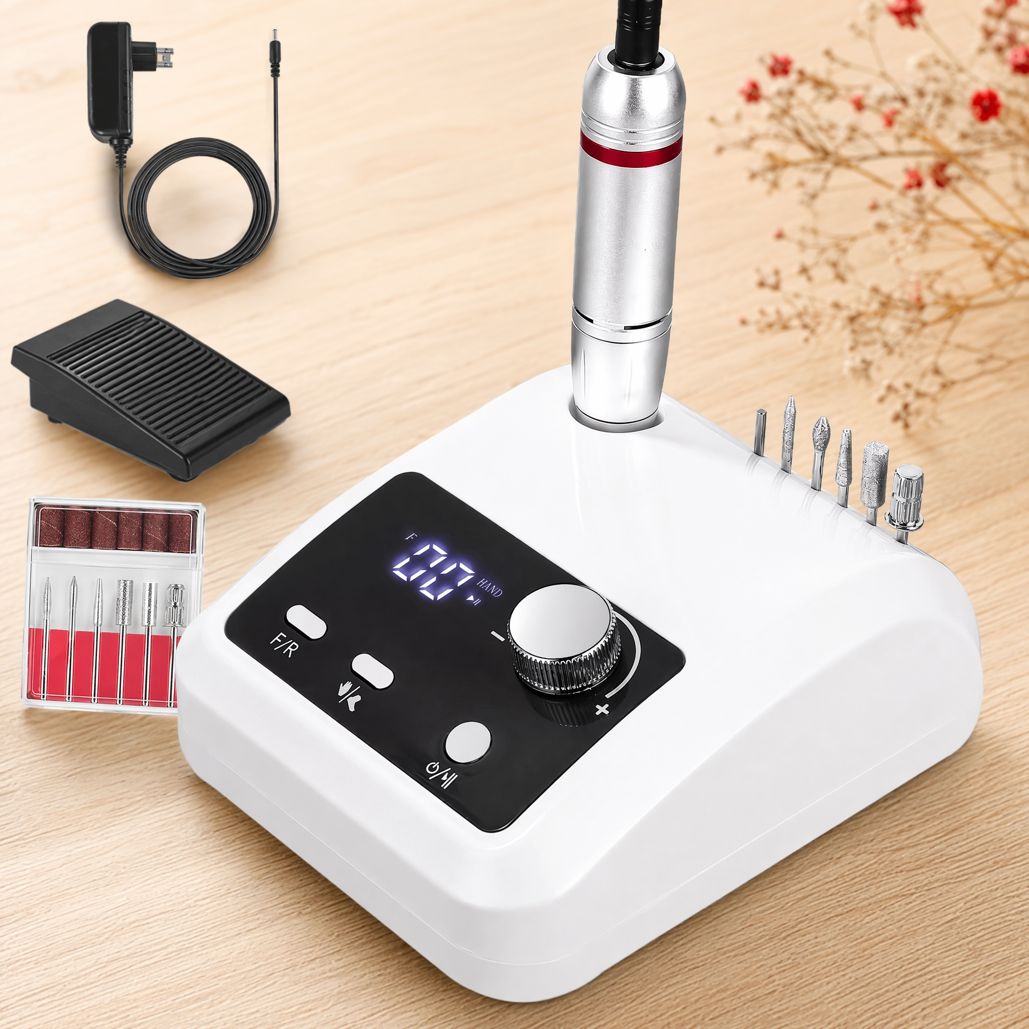 Image of 45000 Rpm Professional Electric Nail Drill Machine With Foot Pedal, 6 In 1 Electric Nail File For Gel Nail Removal, Salon & Home Manicure Pedicure Tools