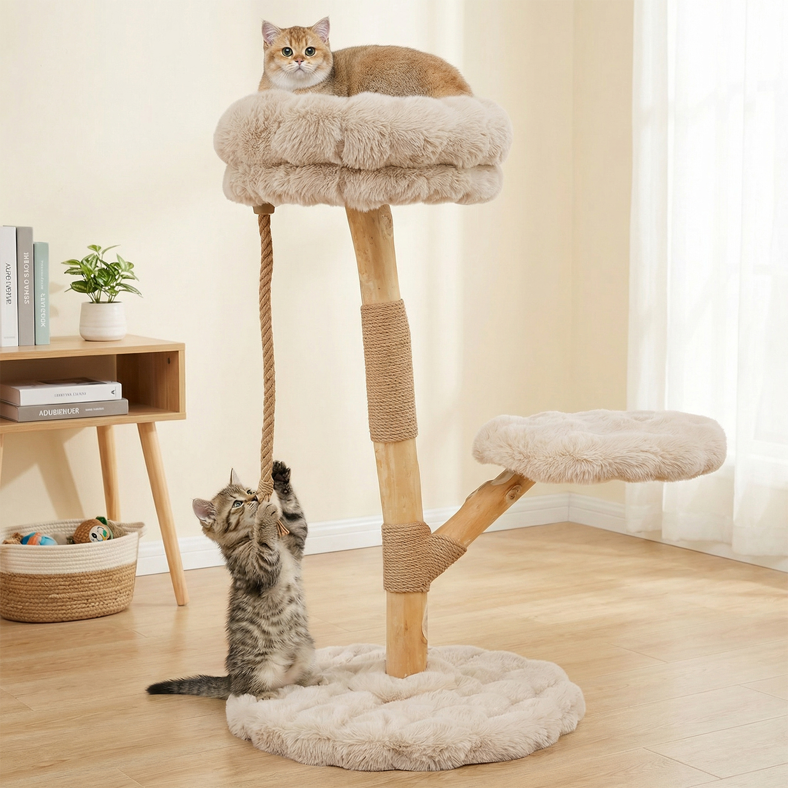 Image of Cat Tree Tower, Modern Wooden Cat Tower W/ Perch, Solid Wood Cat Tree W/ Natural Jute Scratching Posts, Jute Rope, Soft Long Plush, 90cm Tall Luxury Cat Condo, Kitty Climbing Tower For Indoor Use