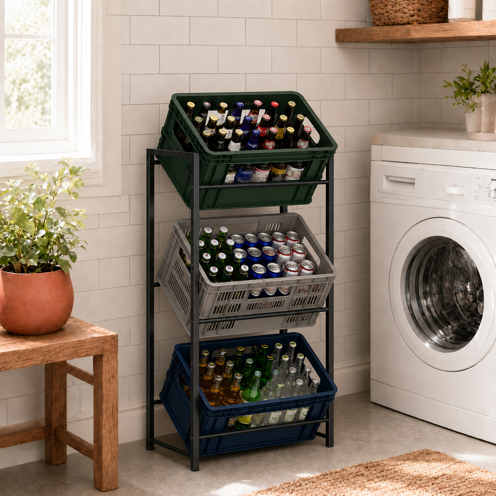 3-tier Beverage Crate Rack, 110.5x54x31cm, Sturdy Steel Construction, 90kg Load Capacity, Height-adjustable Feet
