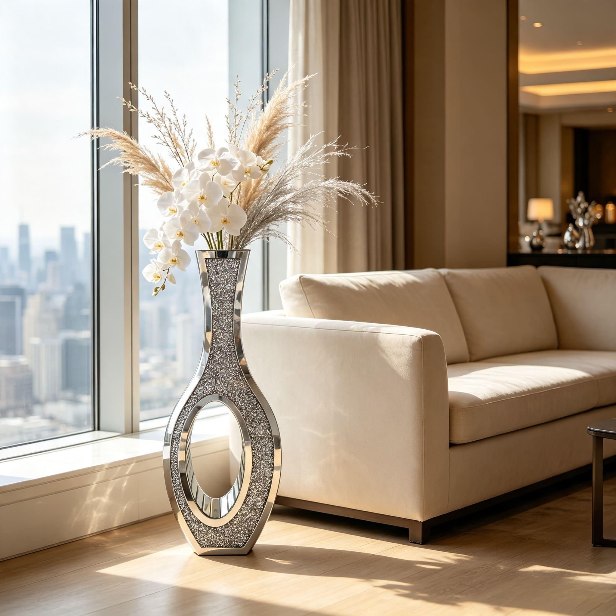 Image of 1pc 76.5cm Tall Mirror Floor Vase - Crushed Diamond Hollow Hourglass Decor Vase For Dried & Artificial Flowers Entryway Hallway Salon Hotel Decor Not For Holding Water