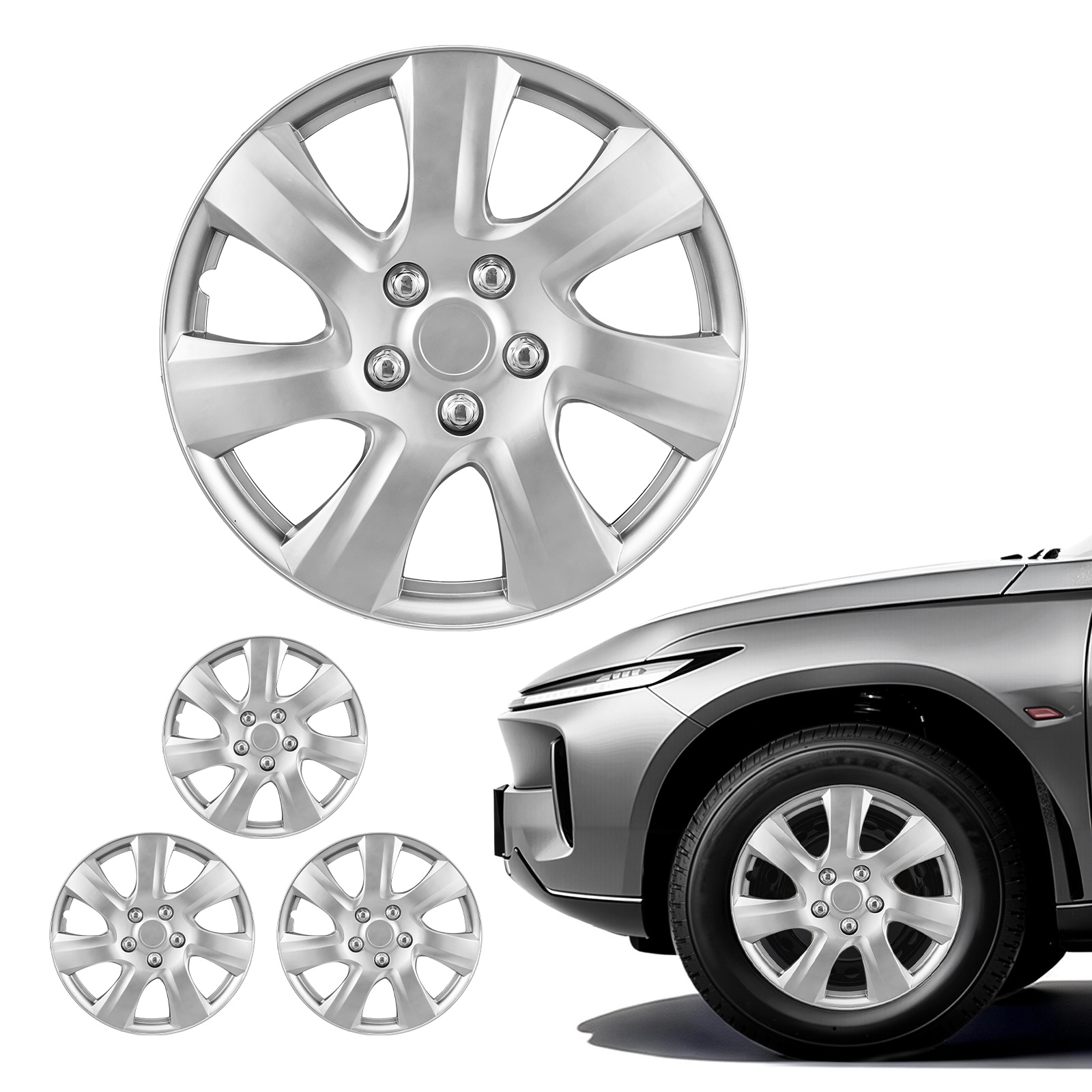 Image of Vevor Hubcaps Wheel Covers, 16 Inch Set Of 4 Wheel Rim Cover Hubcaps Oem Style Replacement, R16 Size Car Caps, Universal 7-spoke Abs Tire Rim Caps For Ford , Silver