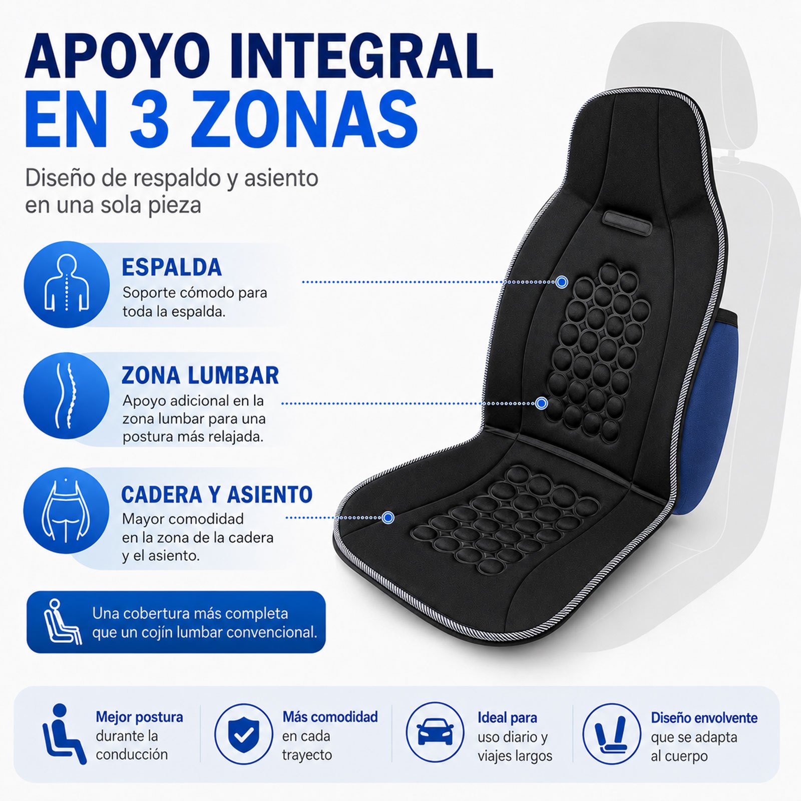 TEMU Respaldo para Asiento de Coche con Soporte Lumbar, Puntos 3D Acolchados y 6 Imanes , Cojín Negro con Relleno de Algodón PP, Sin Electricidad,