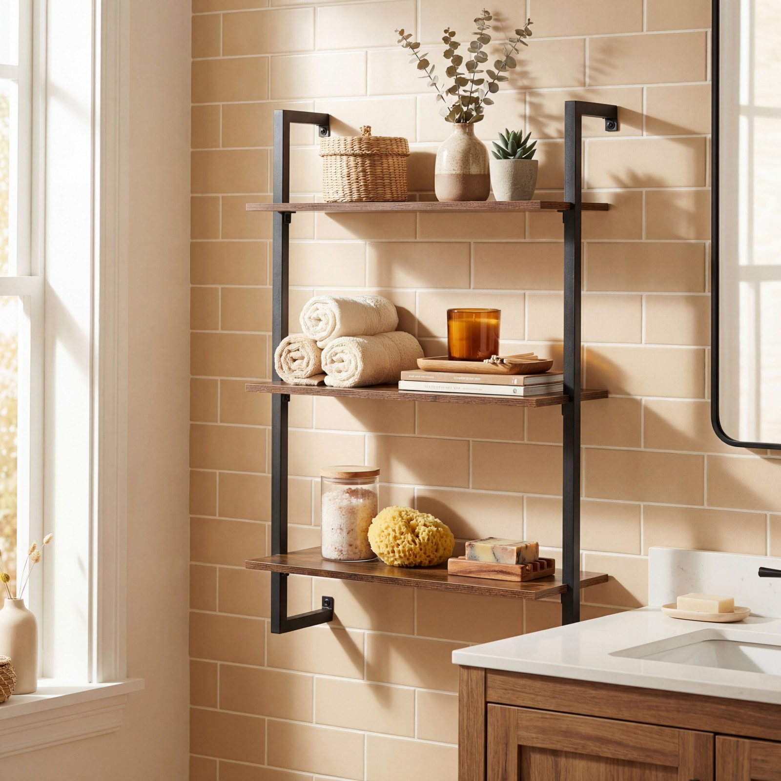 Image of 3-tier Floating Shelf For Wall, Industrial Kitchen Shelf, Wall Mounted Coffee Bar Shelving, Hanging Display Storage Rack For Living Room, Home Office And Bathroom, Rustic Brown