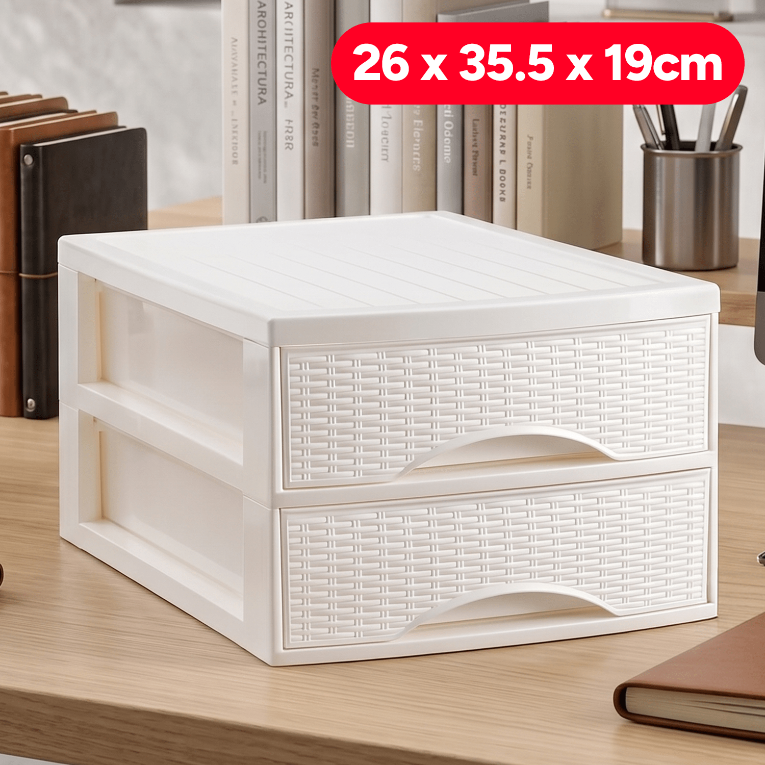 TEMU Cajonera Almacenamiento de Sobremesa, Efectto Rattan, 2 Cajones, Ideal para Ordenar y Organizar el Hogar, , 26 x 35.5 x 19cm