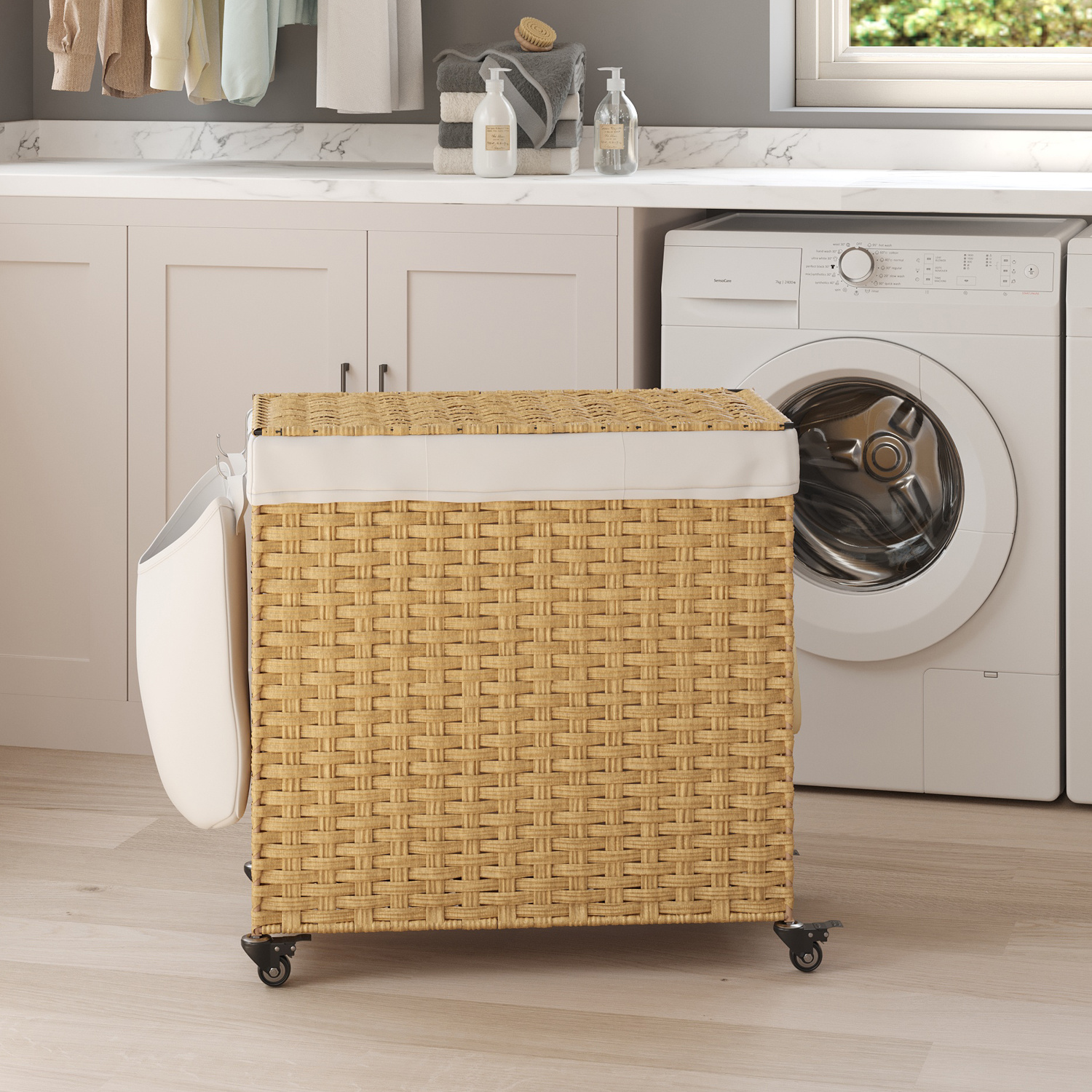 TEMU Cesto de Ropa con , 140 L, con Ruedas, 3 Secciones, Forro extraíble, Dormitorio, 66 x 33 cm, Natural