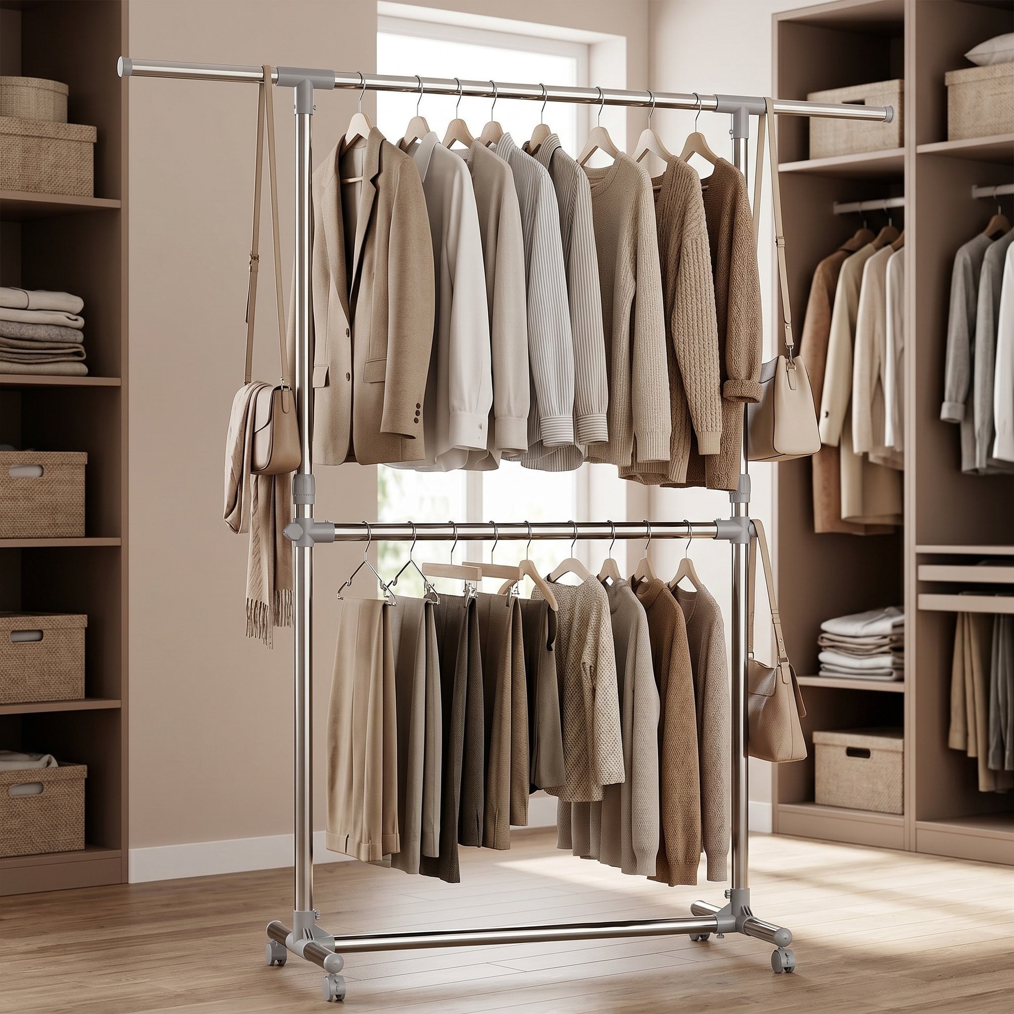 Image of Clothing Racks With 2 Clothing Rods, With Wheels, Extendable, Silver-grey