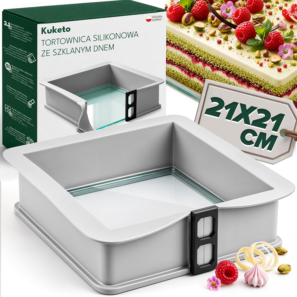 TEMU Kuketo - Molde de silicona para pastel con base de cristal, 21x21 cm, molde cuadrado para hornear con desmontable, bandeja de silicona para