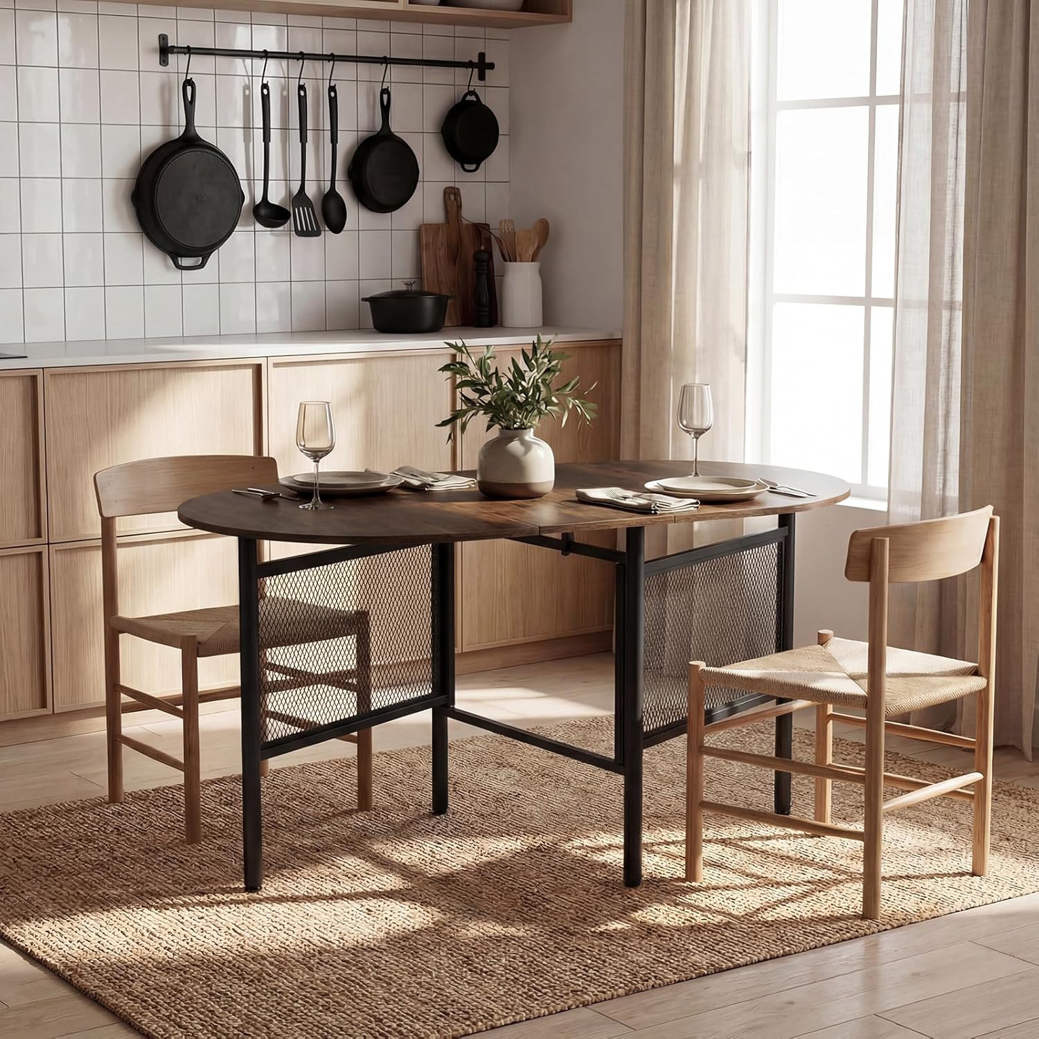 Image of 150 Cm Folding Dining Table For 6-8 People, Drop Leaf Space Saving Oval Kitchen Table With Black Metal Legs & Brown-finished Tabletop, Console Table For Small Living Room