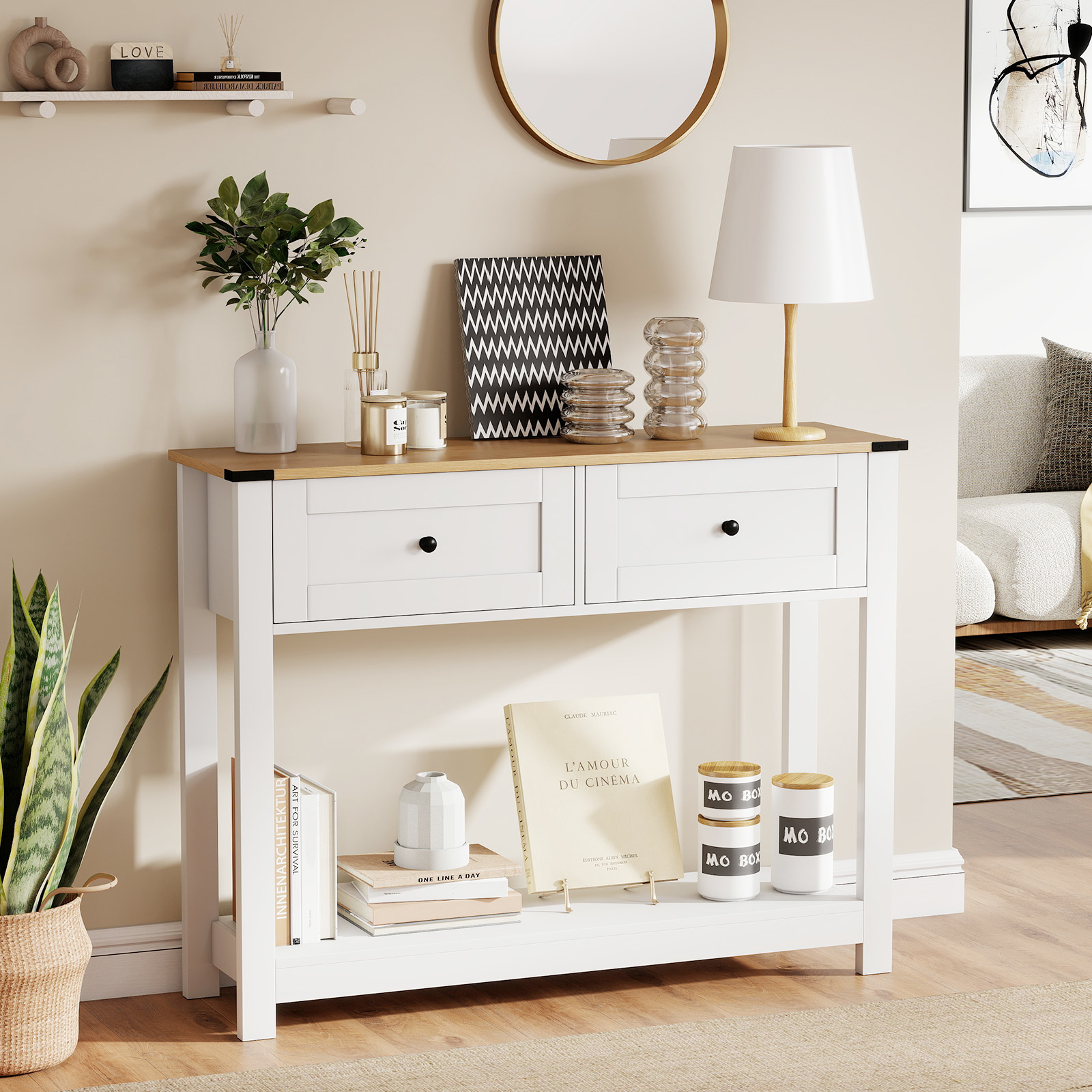 Farmhouse Console Table With 2 Drawers, 106cm Long Entryway Table With Open Storage Shelf, Rustic Foyer Table, Narrow Sofa Table For Living Room, Hallway, Behind Couch, White