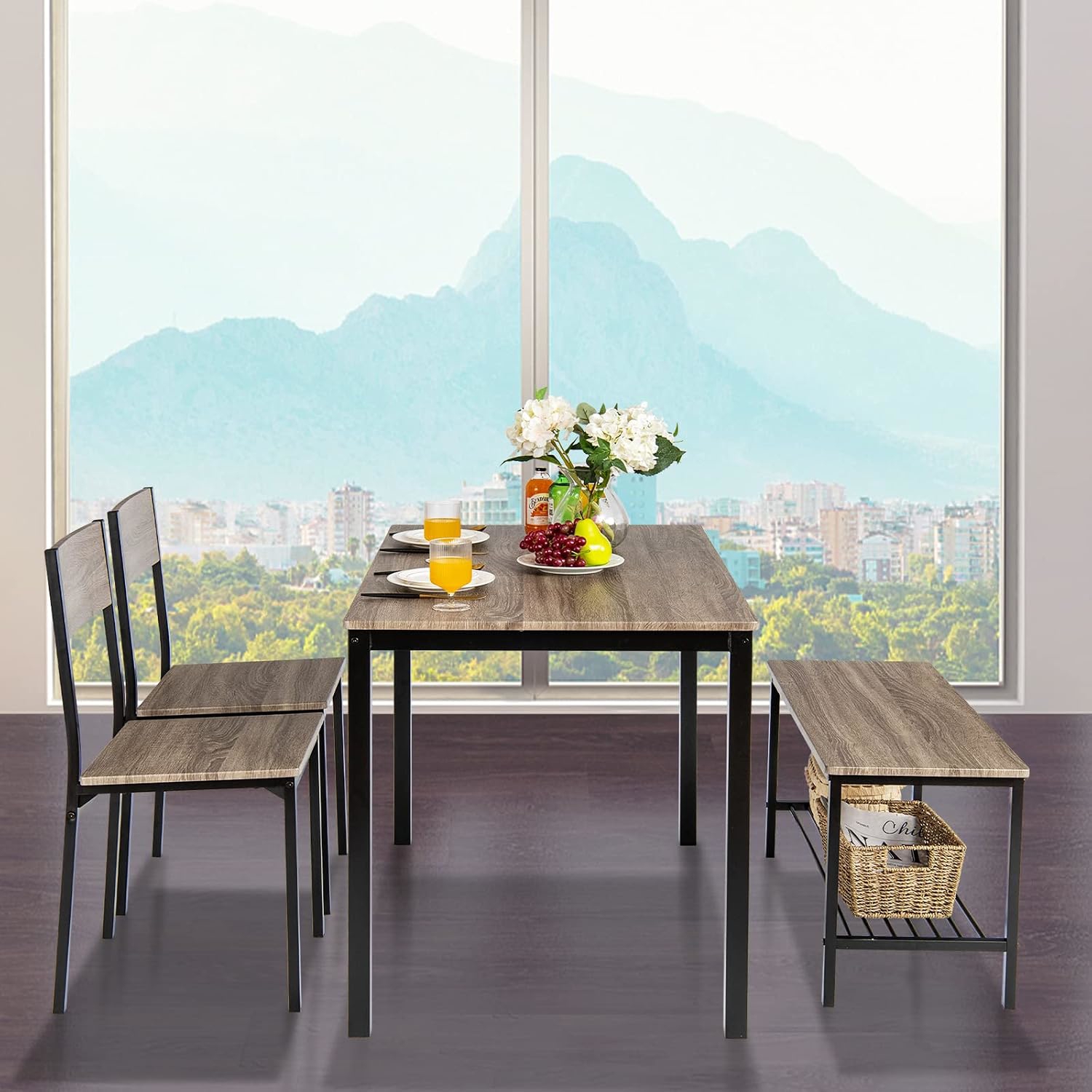 Image of 4-piece Dining Table & Chair Set, Rustic Industrial Wood Dining Table Set With Chairs & Bench For , Space-saving Wooden Kitchen Set With Storage Shelf For Dining Living Room