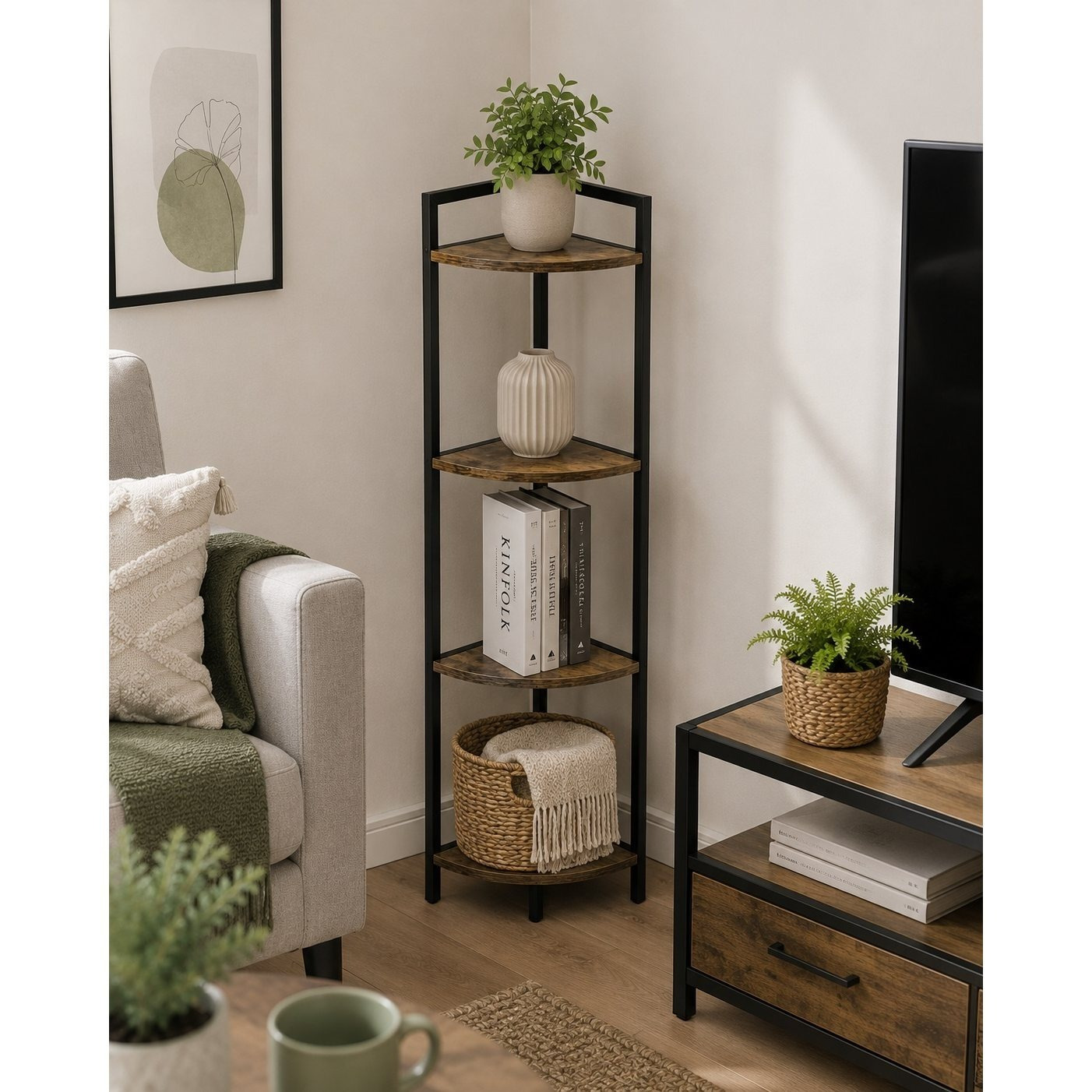 Image of 3-tier Corner Shelf In Metal And Mdf, 23.5x23.5x80 Cm, Industrial Style For Bathroom, Kitchen, Living Room, And Bedroom