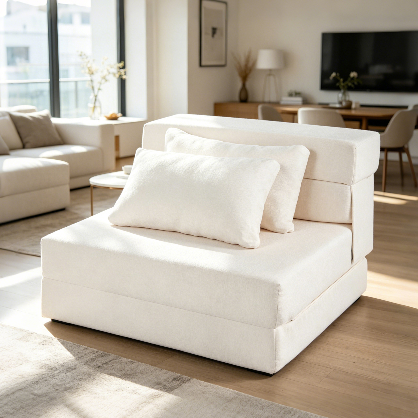 Image of 3 In 1 Folding Sofa Bed, Convertible Sleeper Chair With 2 Pillows, Chenille Fabric Foldable Futon Couch Bed