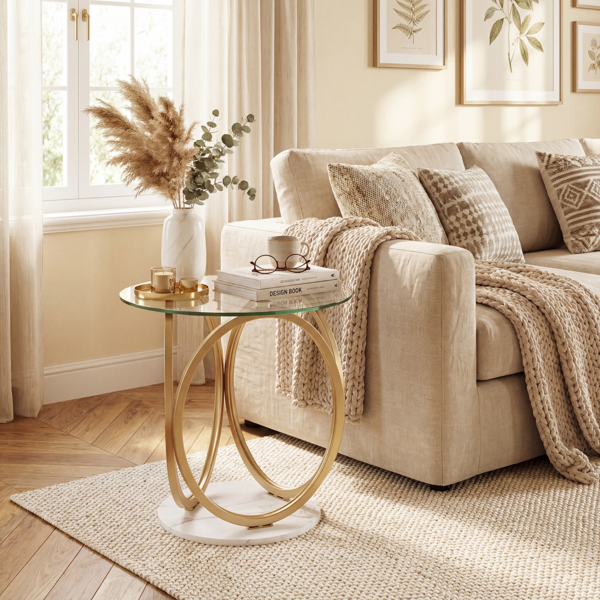 Image of Round Glass Coffee Table, Modern Center Table With Geometric Gold Frame, Accent Circle Tea Table, Minimalist Cocktail Table For Living Room, Home Office, Small Spaces, 60 X 60 X 61,5 Cm