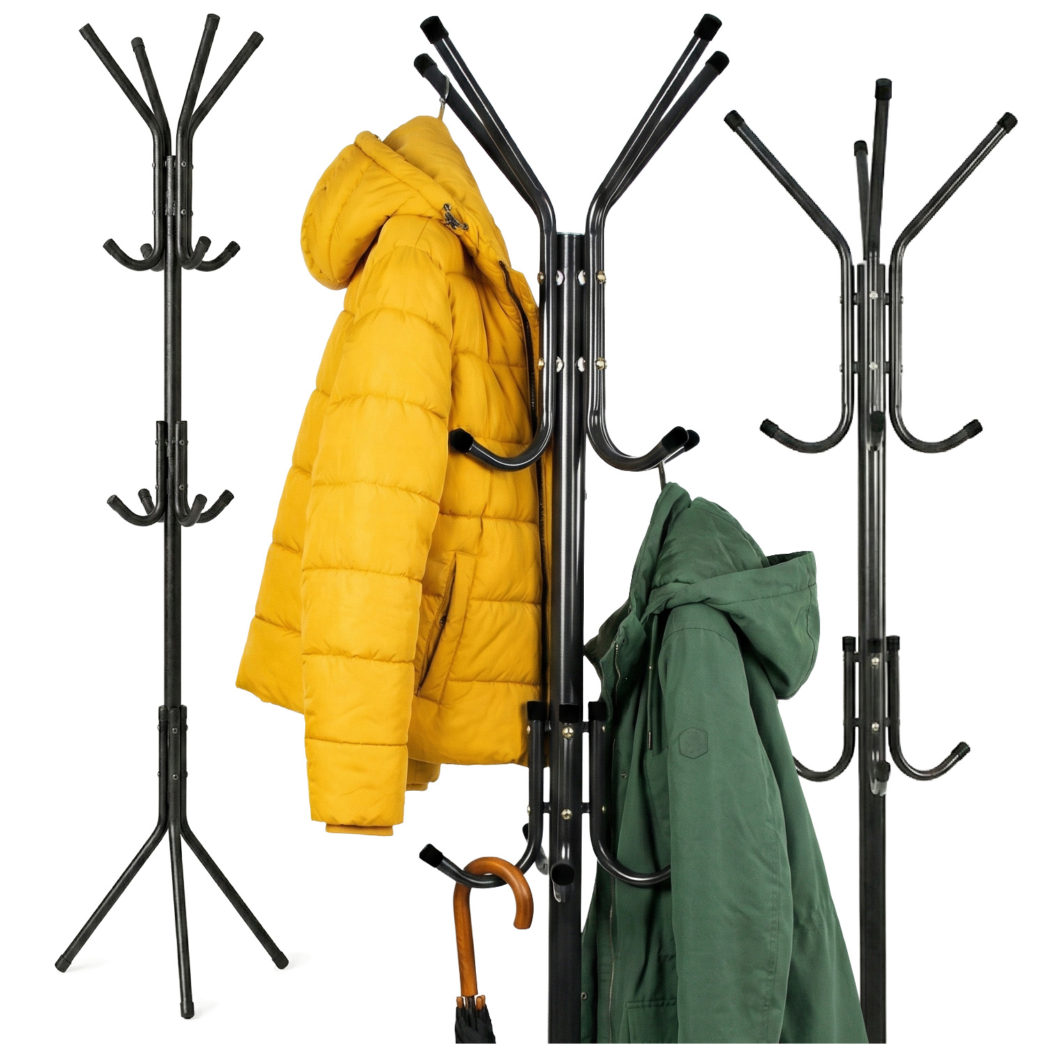TEMU Standing Metal Clothes Hanger In Black, Freestanding Rack With Hooks Levels For Convenient Storage Of Jackets, Coats, Bags, Scarves, And Blouses
