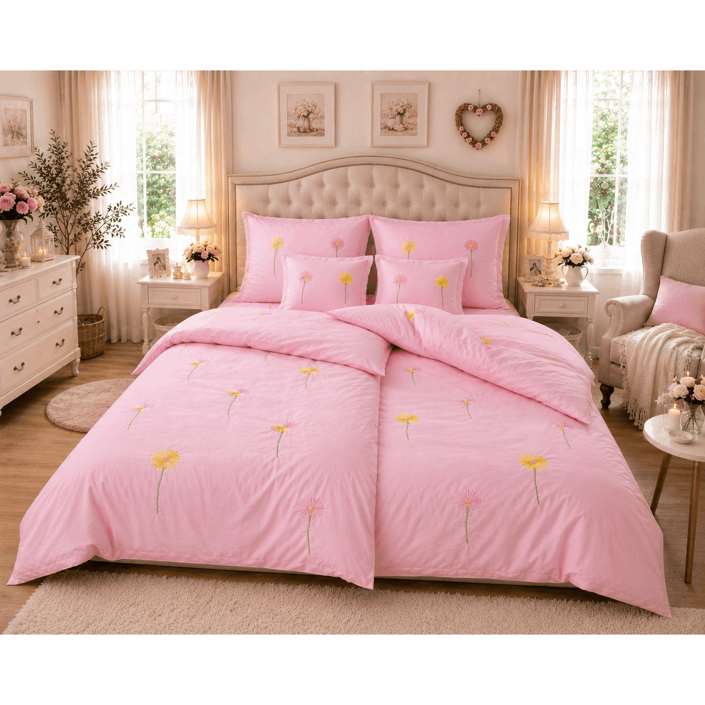 Romantic Cotton Bedding Set With Flowers – 135 × 200 Cm Bed Sheet With 2 Pillows (80 × 80 Cm + 40 × 40 Cm)