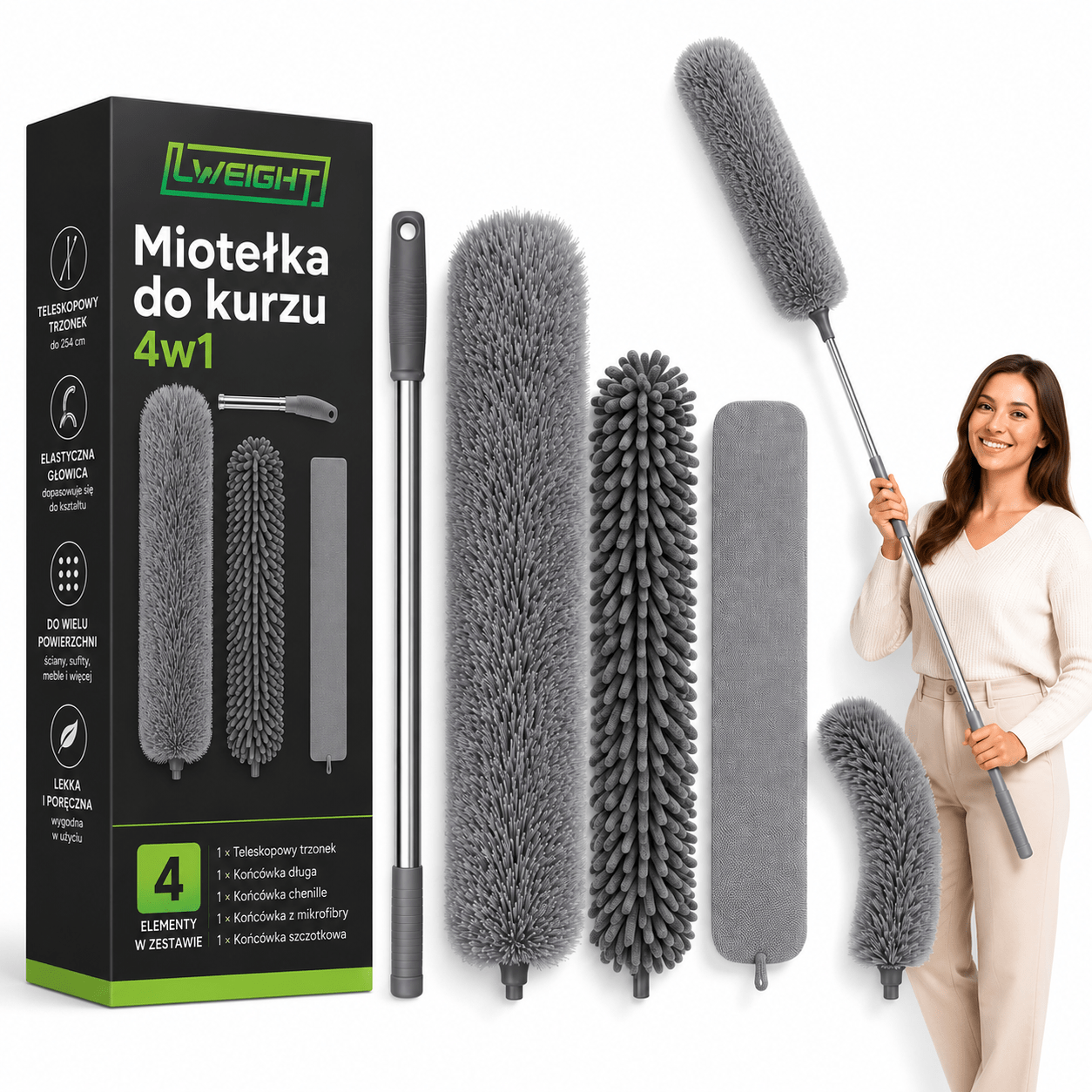 TEMU Telescopic Dusting Broom Xxl 4-in-1 Set With 3 Attachments, 280 Cm, Duster For Cleaning Dust, Cobwebs, Ceilings, Furniture, And Corners,