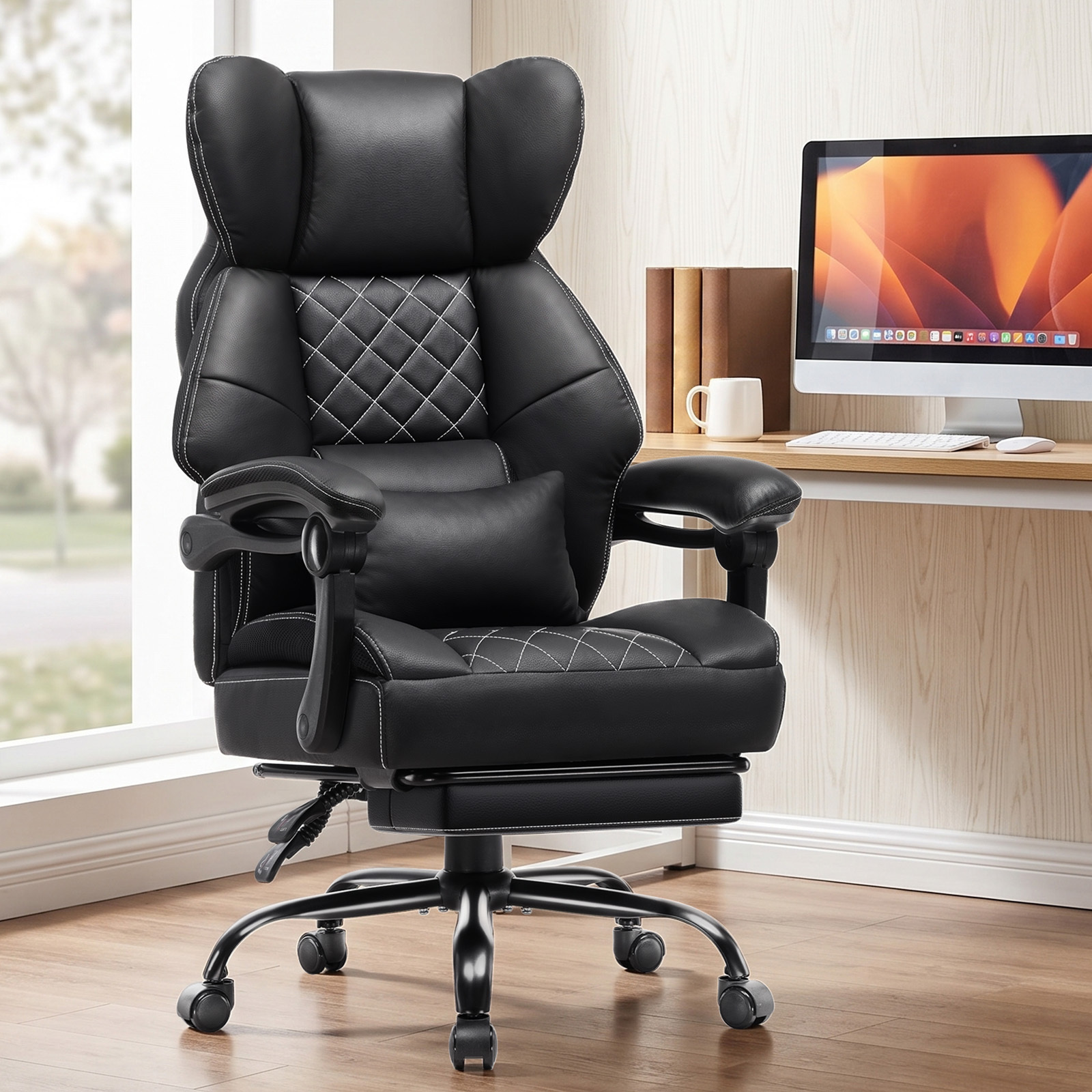 Image of Luckracer Gaming Chair, Ergonomic Office Chair With Footrest And Lumbar Support, High-back Executive Chair For Large, Wide Computer Chair, Height-adjustable, Armrest, Spring Core Seat