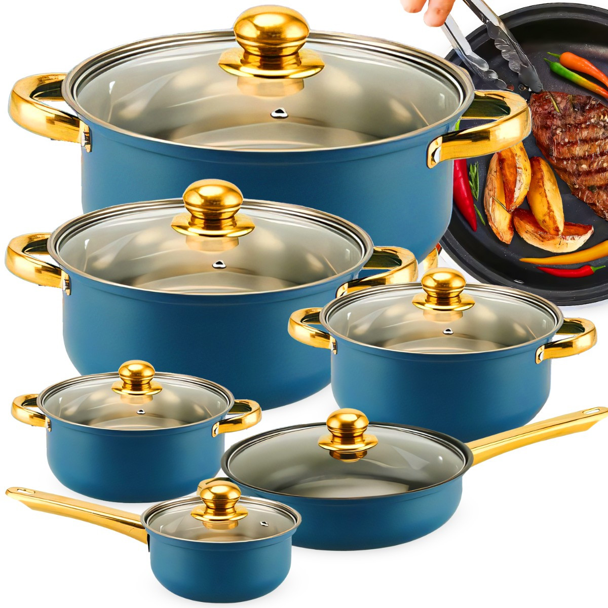 TEMU Set de batterie de cuisine 12 pièces en acier inoxydable : 4 casseroles, sauteuses, poêle à , 6 couvercles en verre avec évent d'échappement de