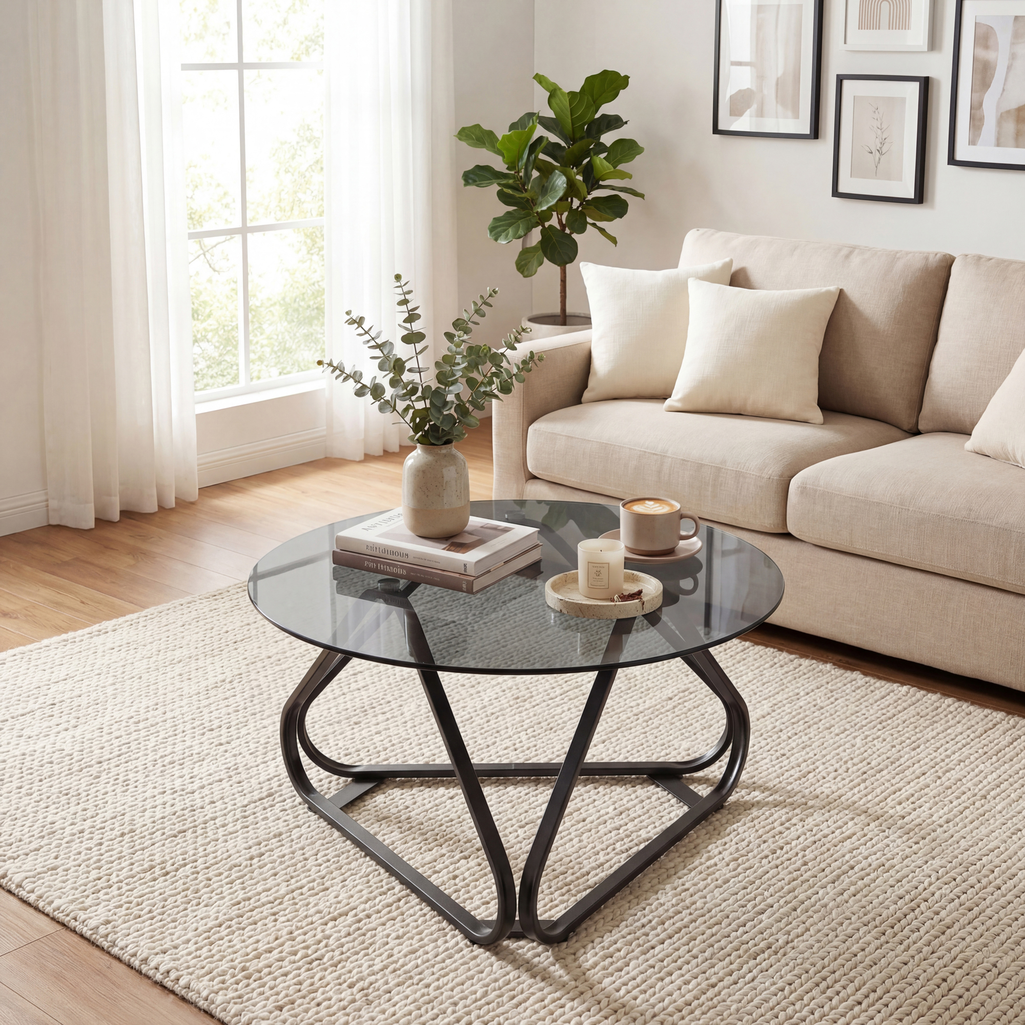 Image of Round Tempered Glass Coffee Table, Modern Minimalist Accent Table With Triangle Metal Frame, Center Cocktail Table For Living Room Home Office, Black