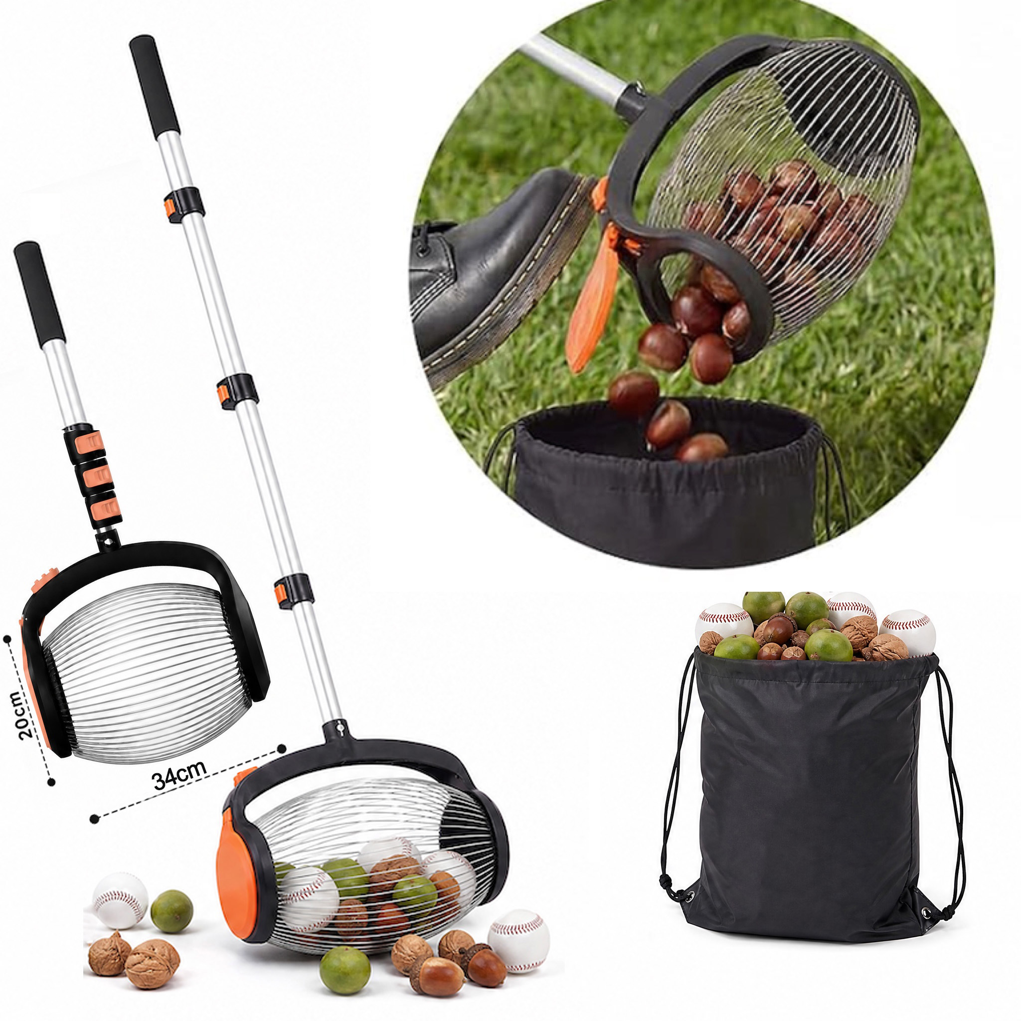 Image of Nut Collector Fruit Collector, Aluminum Telescopic Handle 37-110cm, Pedal-operated Side Opening, Walnut Collector For Chestnuts, Ball Picker Without Bending, Golf Ball Tennis Ball Collector