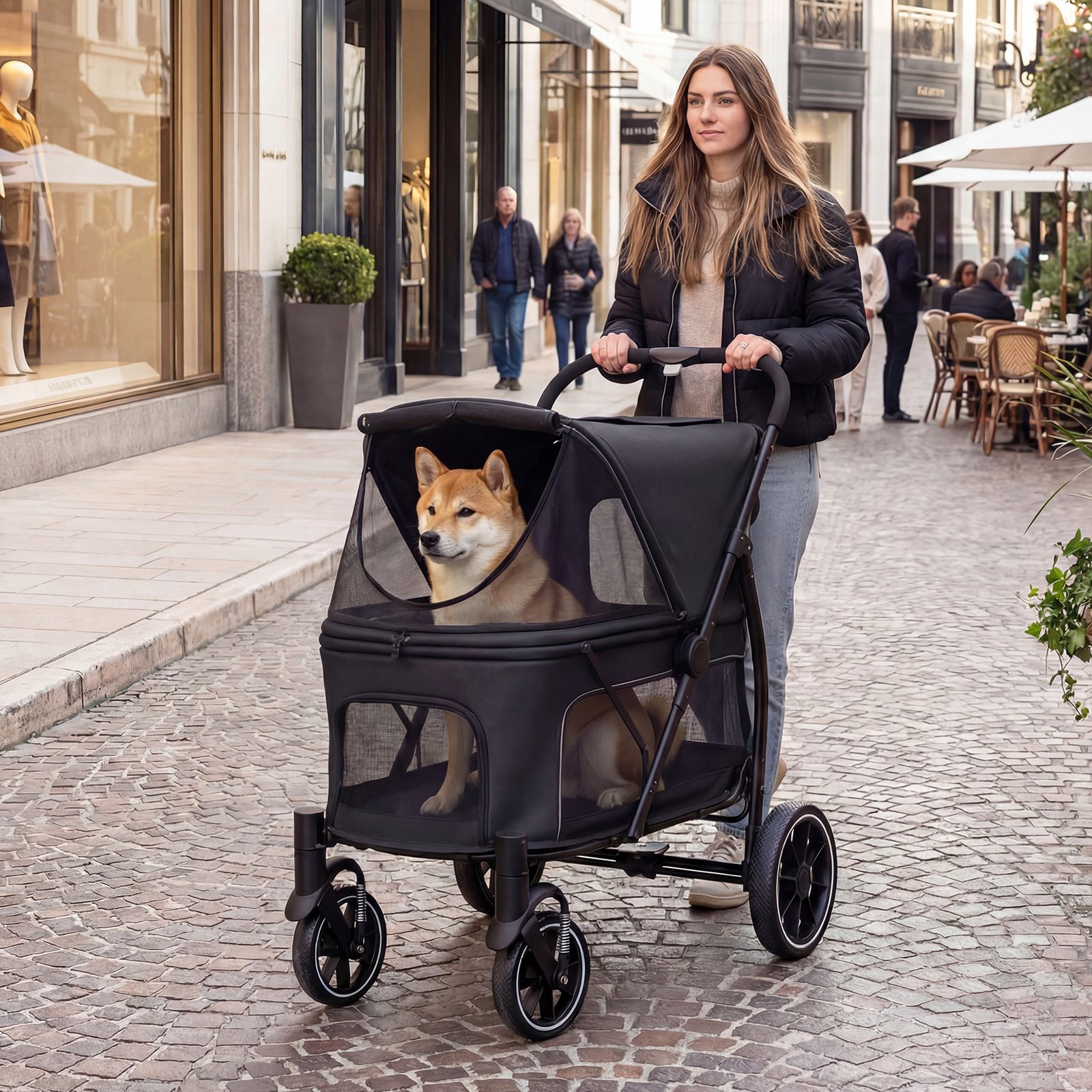 Large Dog Stroller, -hand Folding Pet Stroller W/ Wheels, Low Entry, Adjustable Mesh Canopy, Storage Pockets & Safety Belt, 4-wheels Pet Travel Cart For Large Dogs Cats Up To 40 Kg