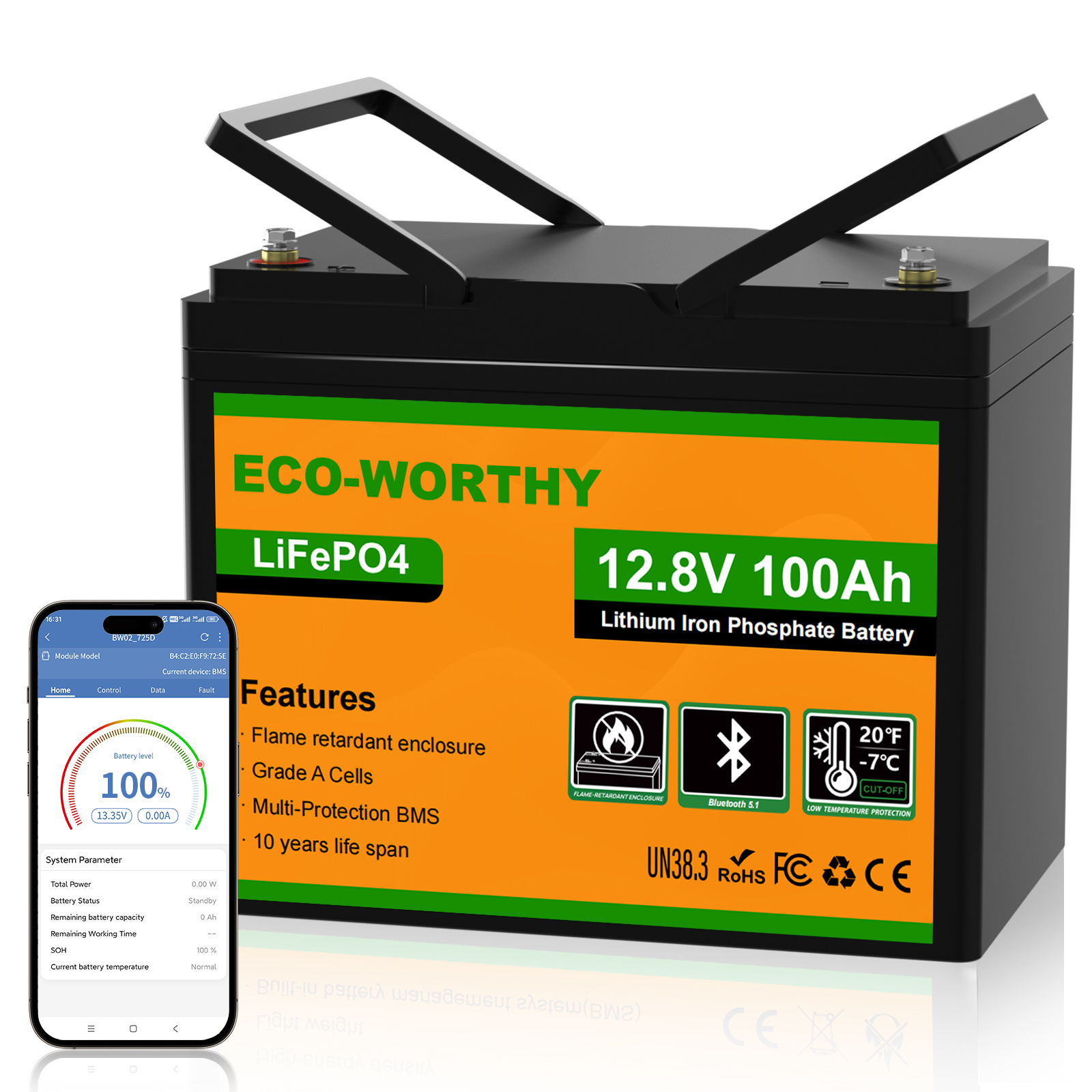 Image of Eco- Lifepo4 12v 100ah Bluetooth, 1280wh Lithium Battery 12v With Bms Low Temperature Protection, 100ah Car Battery For , Motorhome