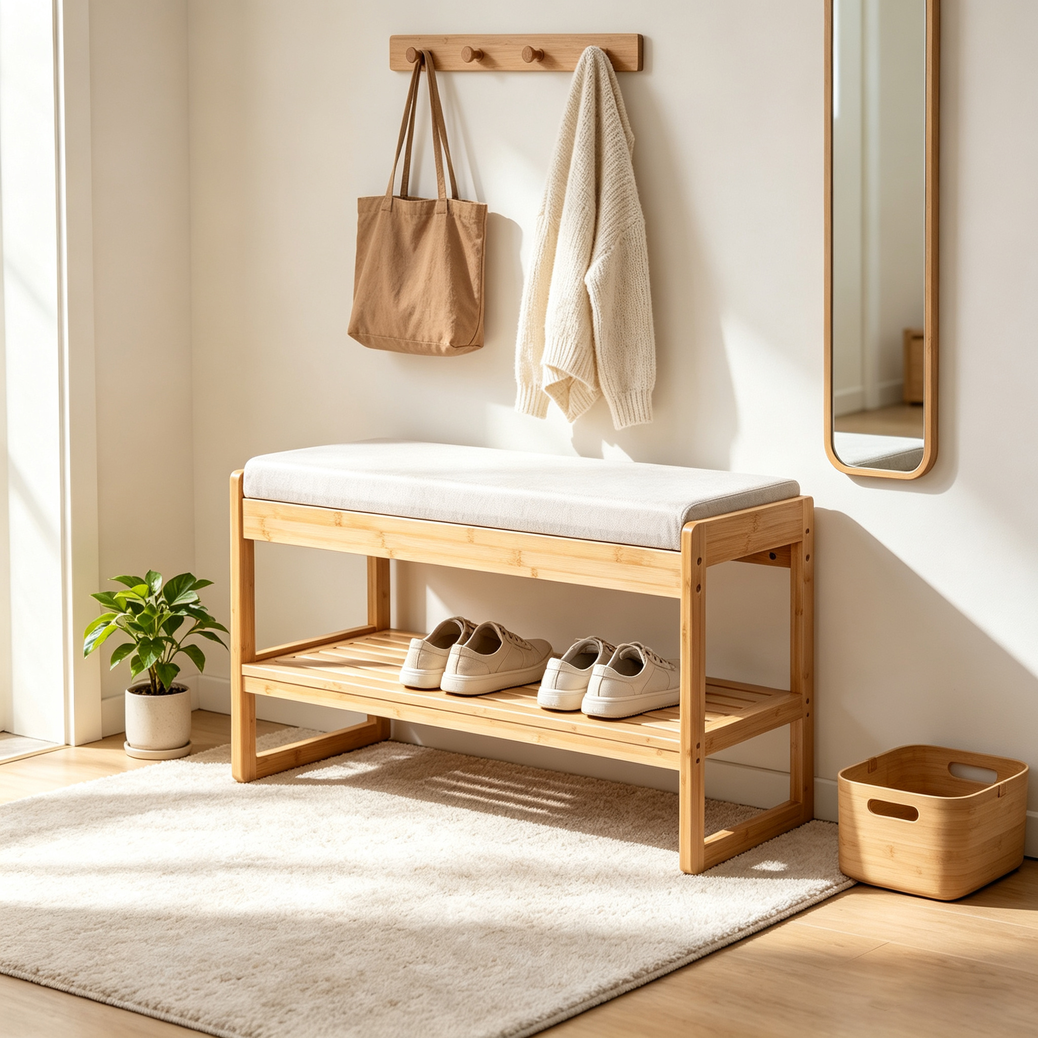 Image of Bamboo Shoe Storage Bench With Soft Cushioned Seat, Wooden Entryway Shoe Rack Organizer For Hallway, Bedroom And Living Room
