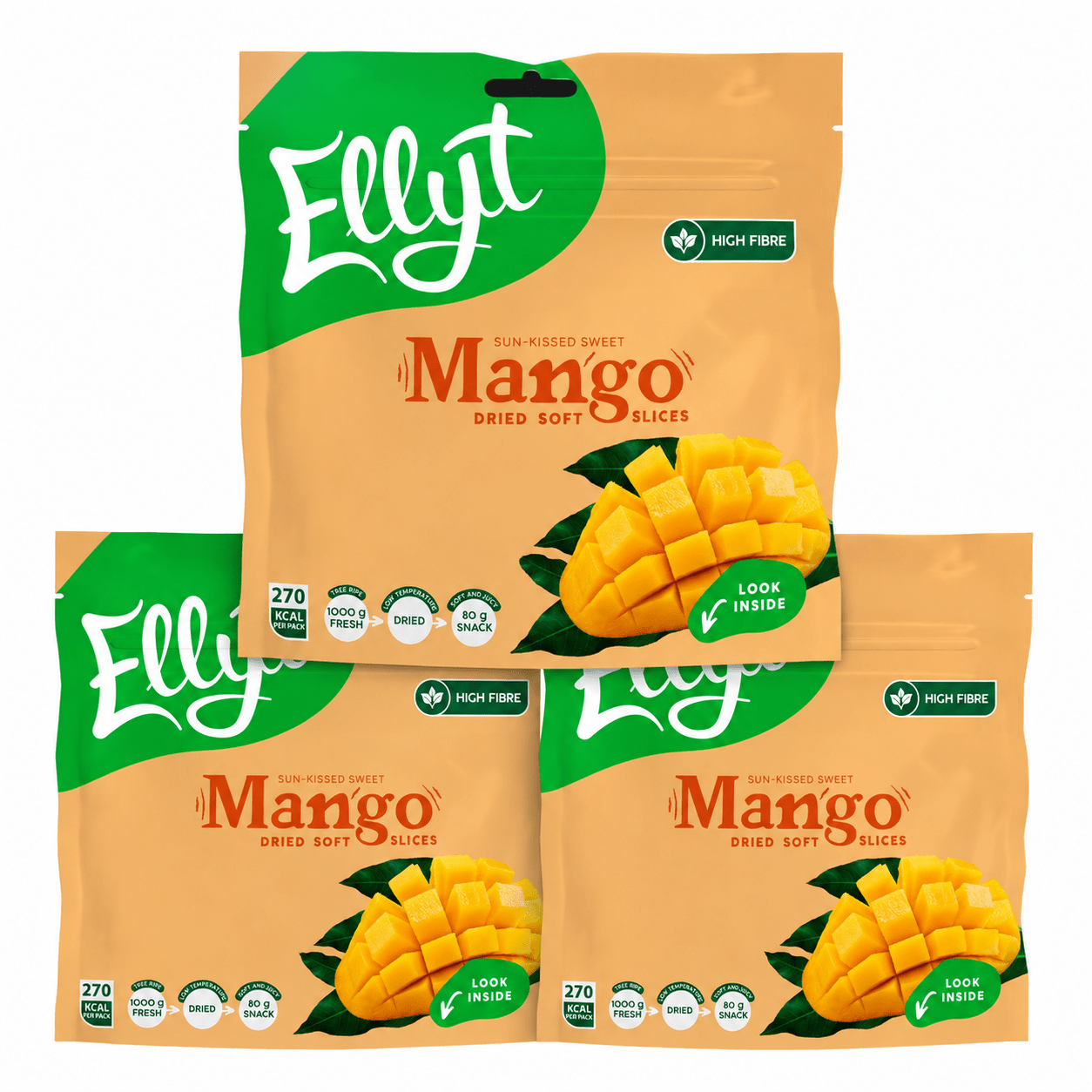 Ellyt Naturally Sweet Mango Dried Soft Slices - Getrocknete Mango (3x80g) 240g
